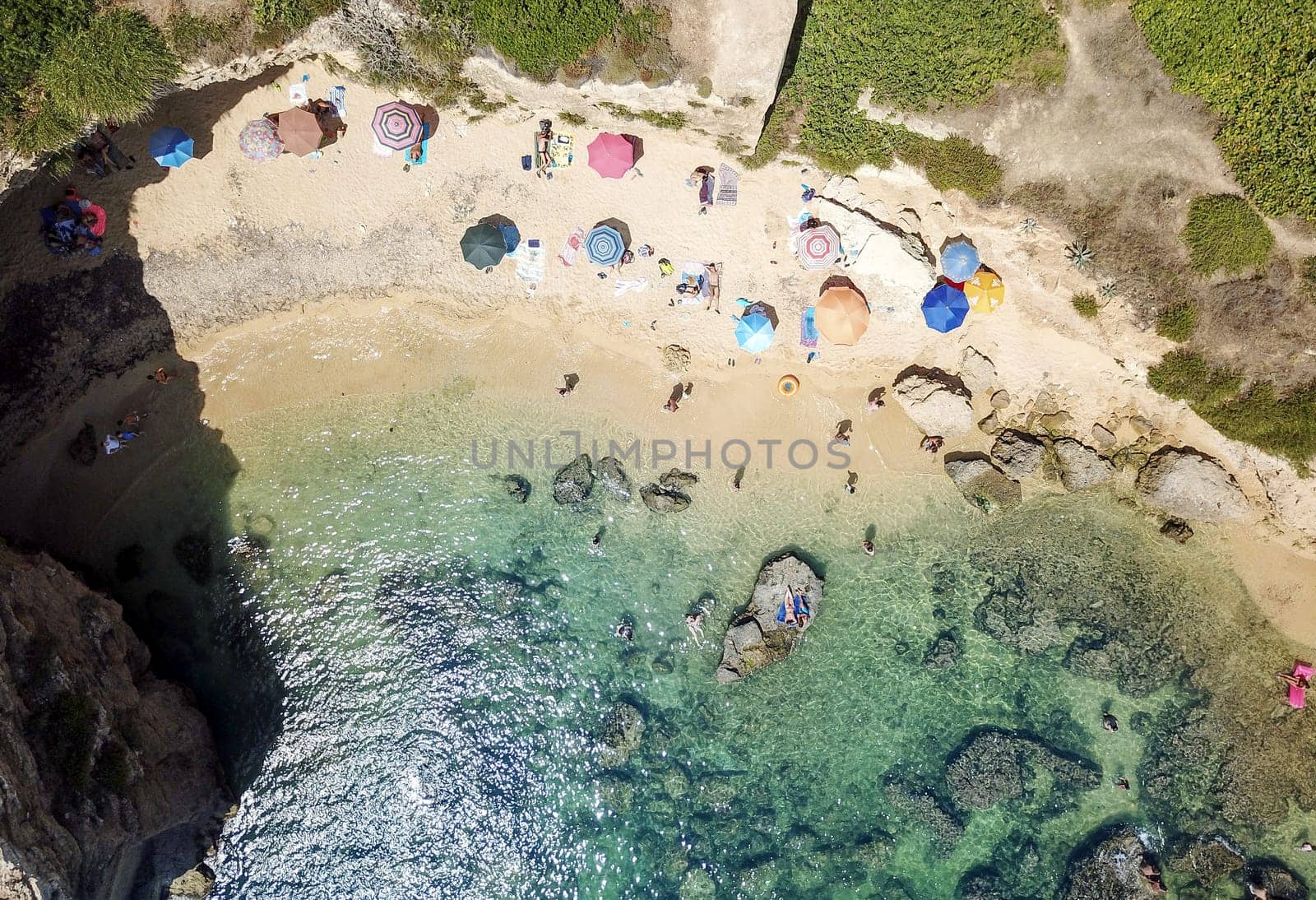 Aerial View of a beautyful Sandy Beach and Sea with turquoise water