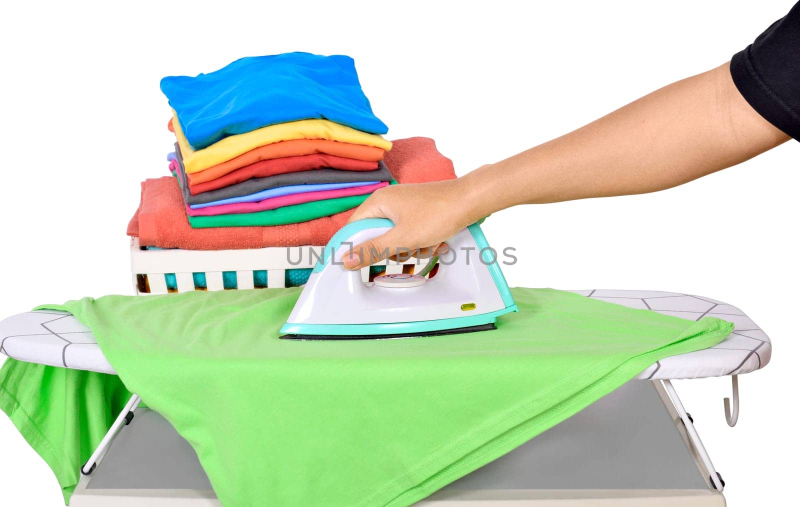 People ironing clothes on ironing board isolated over white background