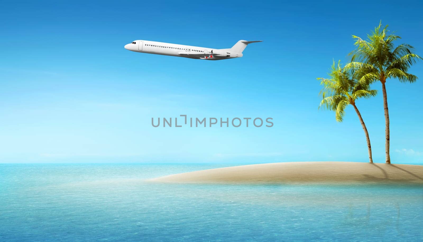 Plane flying above the ocean with blue sky background