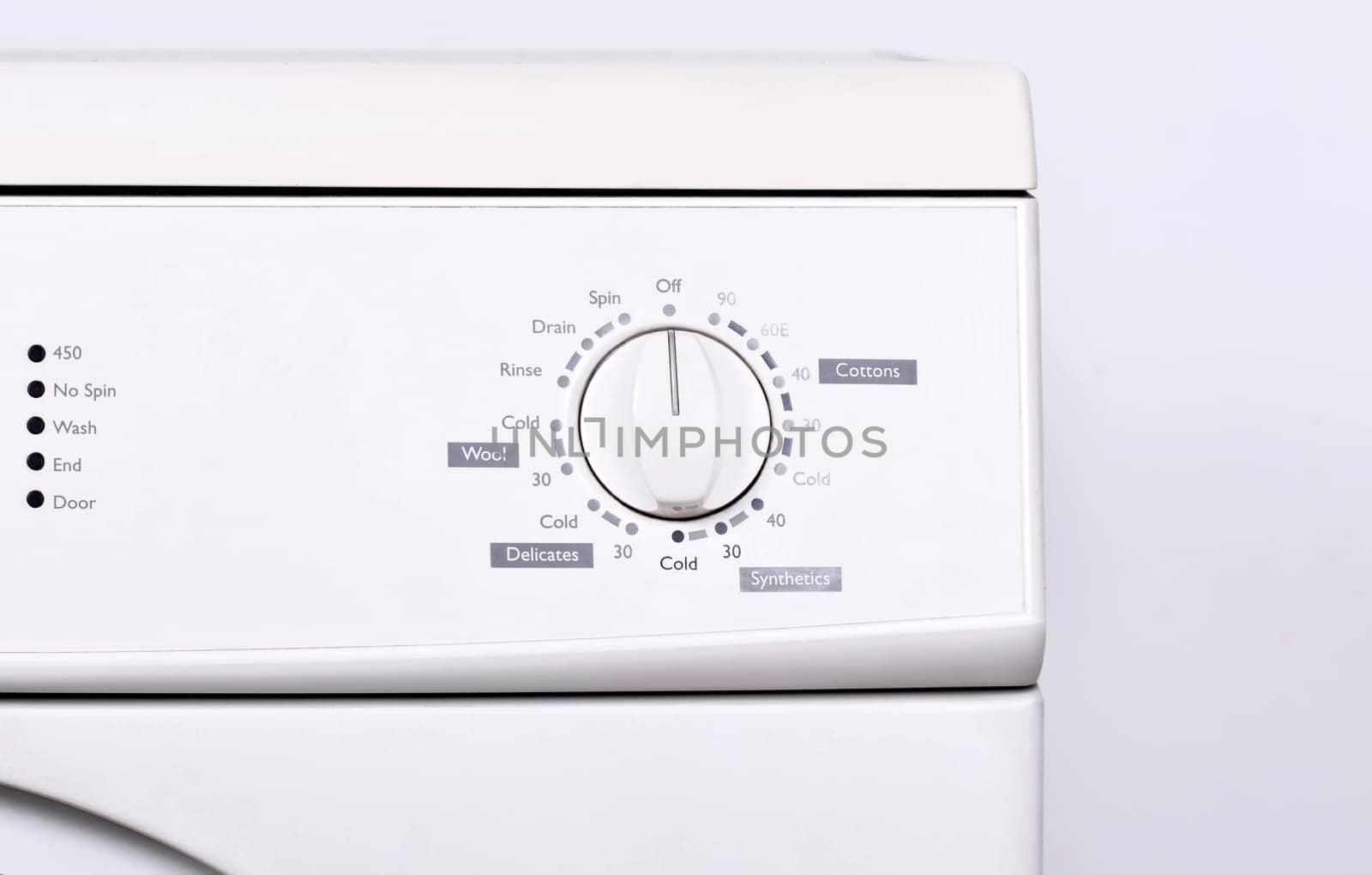 Close up view of instrument panel on washing machine. Home appliance