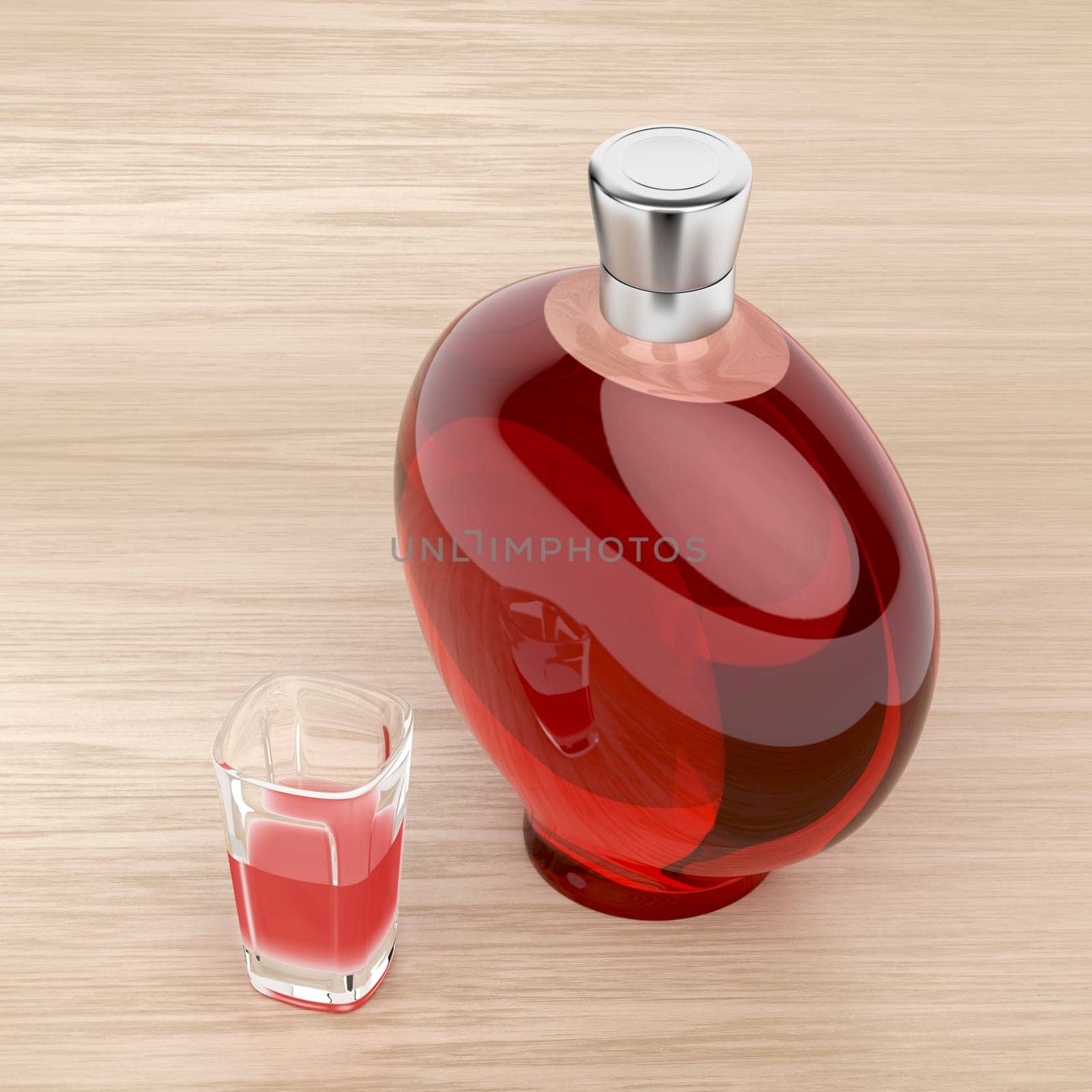 Red liqueur bottle and a glass on wood background