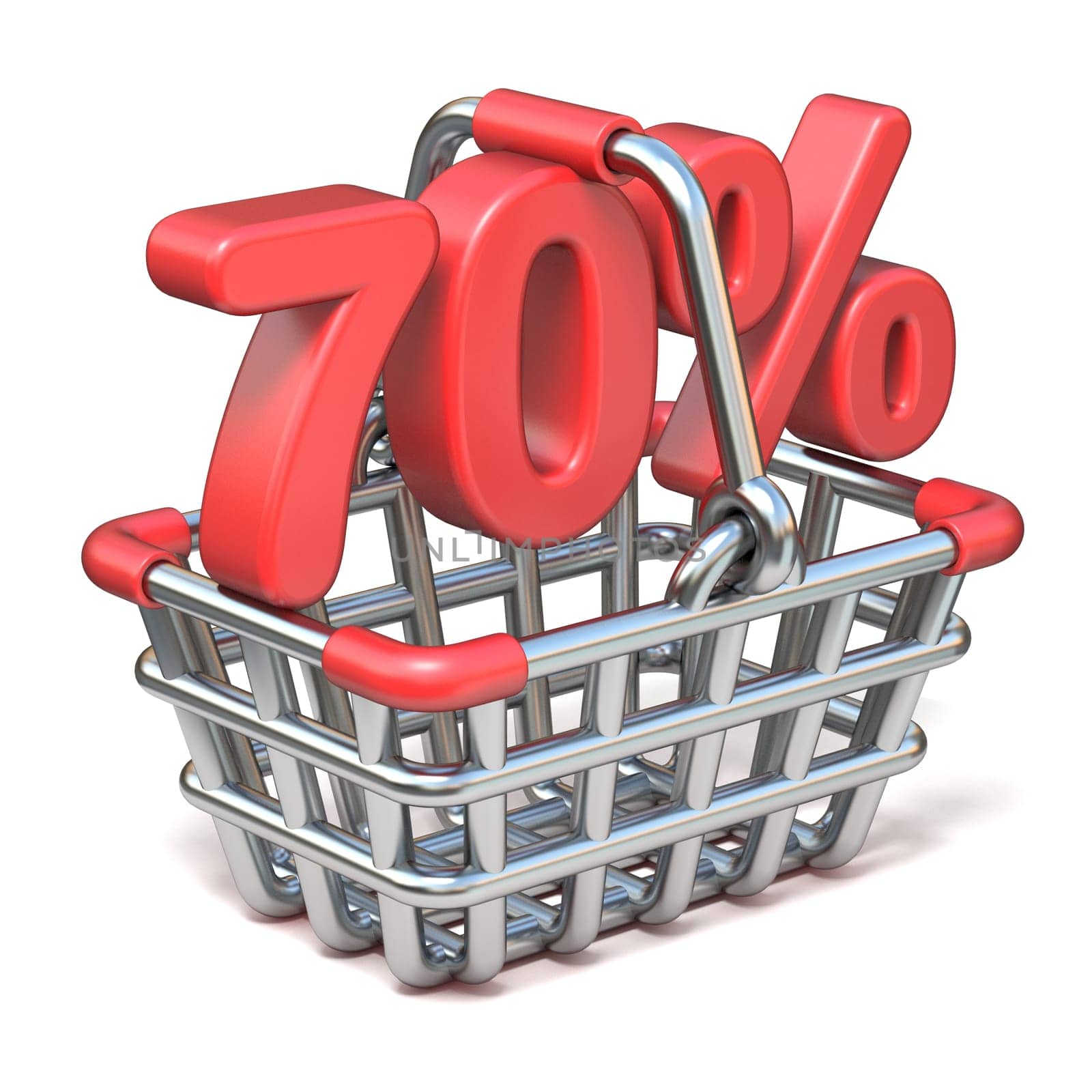 Metal shopping basket 70 PERCENT sign 3D render illustration isolated on white background