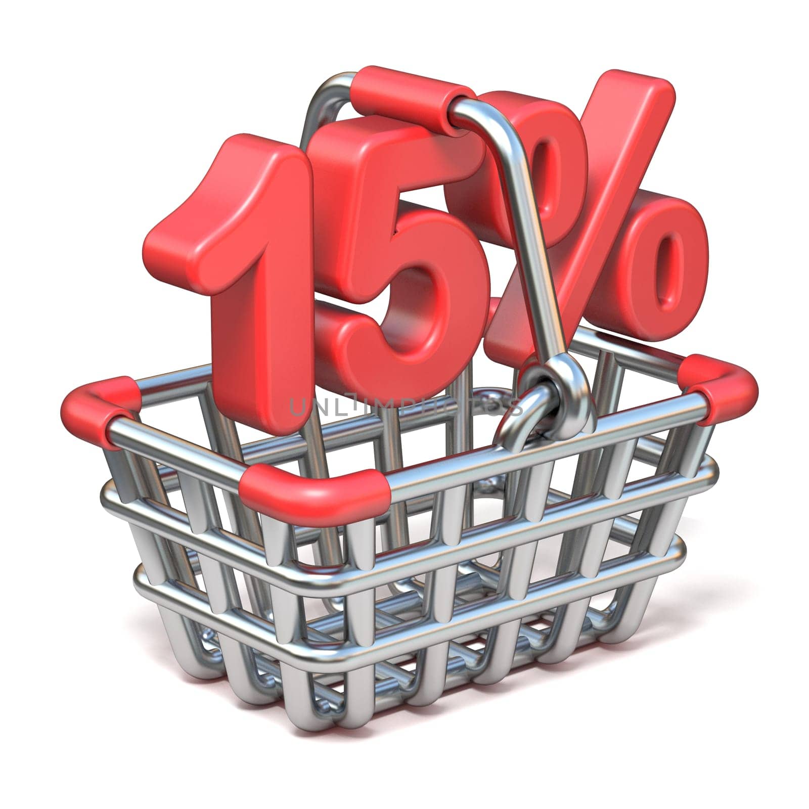 Metal shopping basket 15 PERCENT sign 3D render illustration isolated on white background