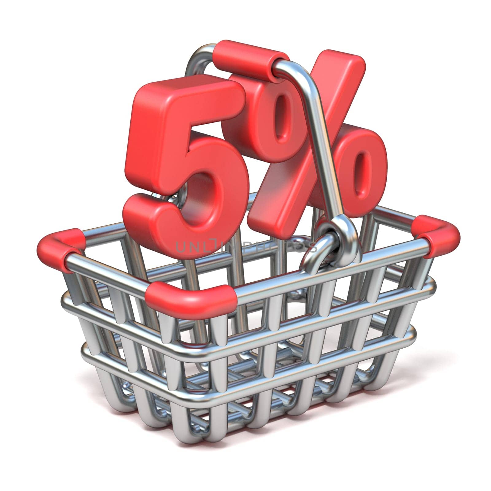 Metal shopping basket 5 PERCENT sign 3D render illustration isolated on white background