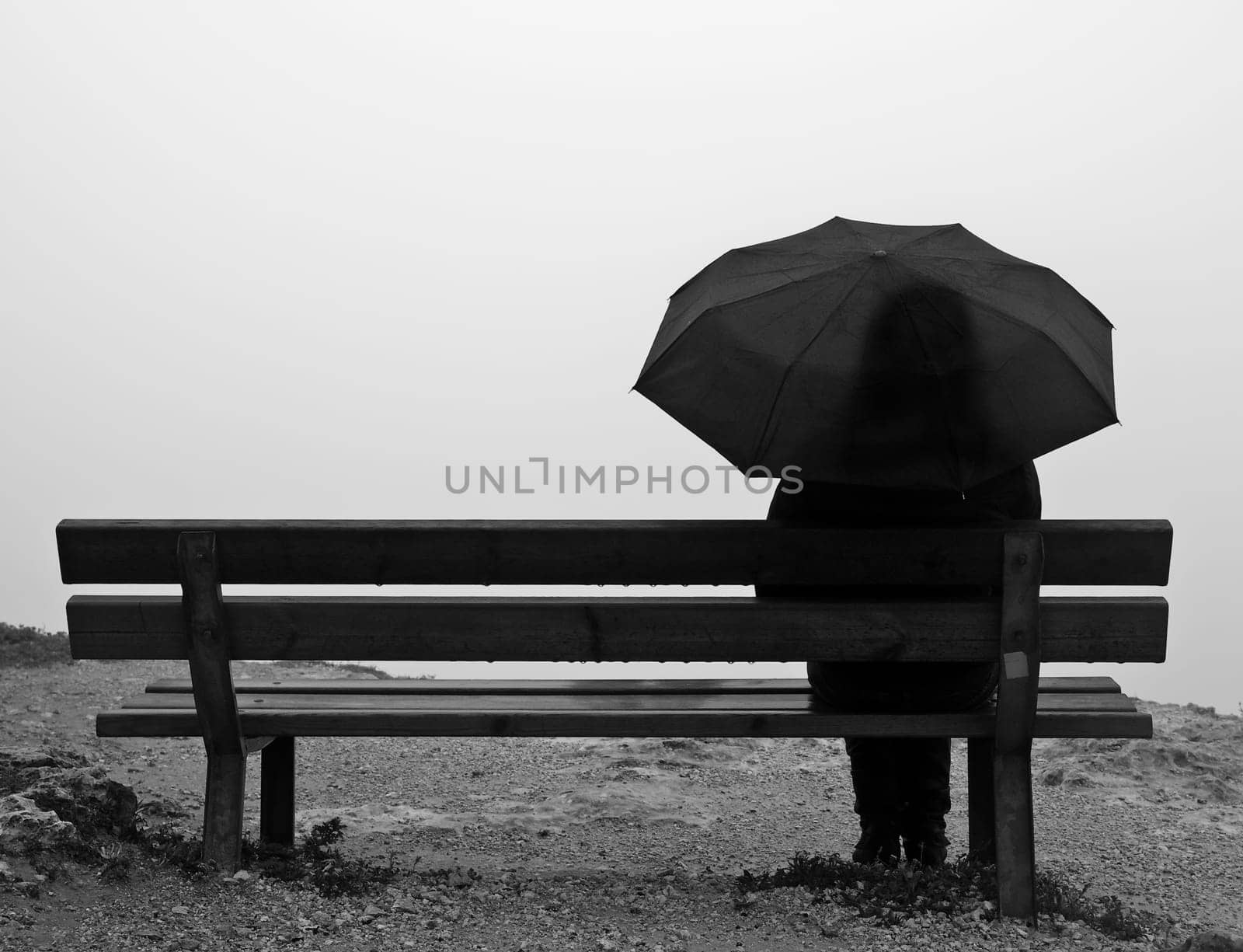 Woman with an umbrella sitting on a bench at a cliff edge