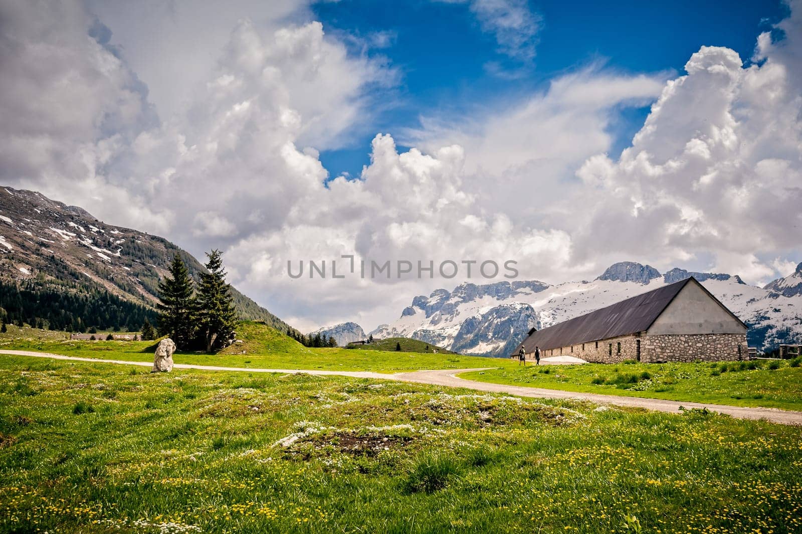 Mountain range landscape. Plateau of Montasio, Italian Alps.