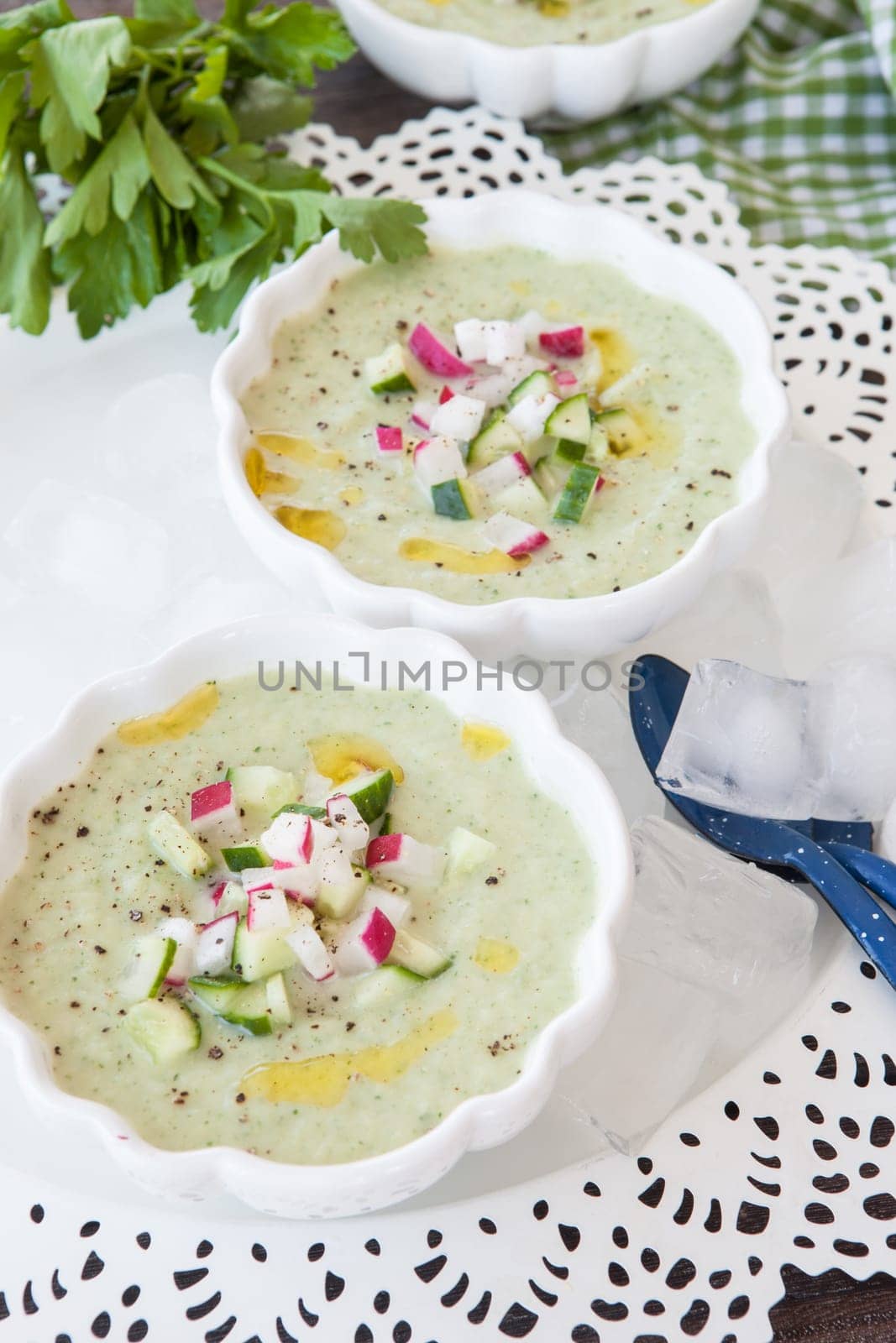 Refreshing cold cucumber soup on ice