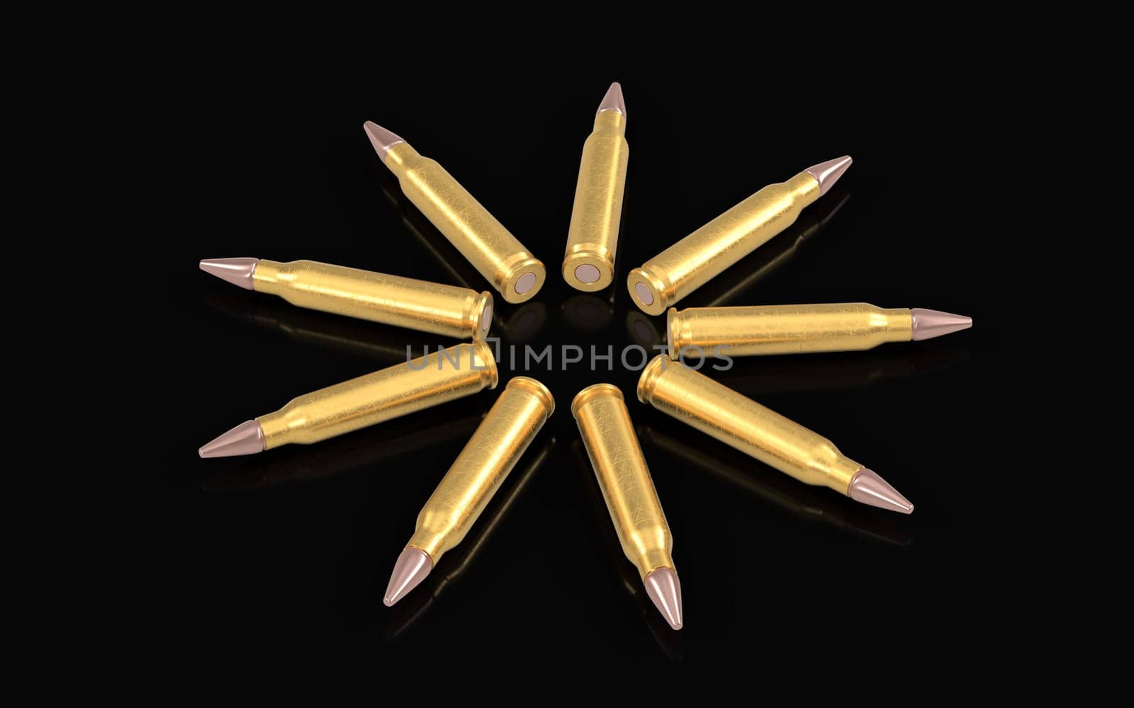 Bullets on the dark background. 3D rendering