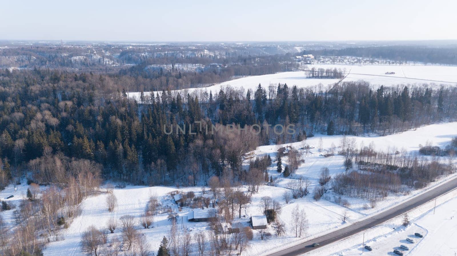 Winter field Krimulda Latvia aerial drone top view