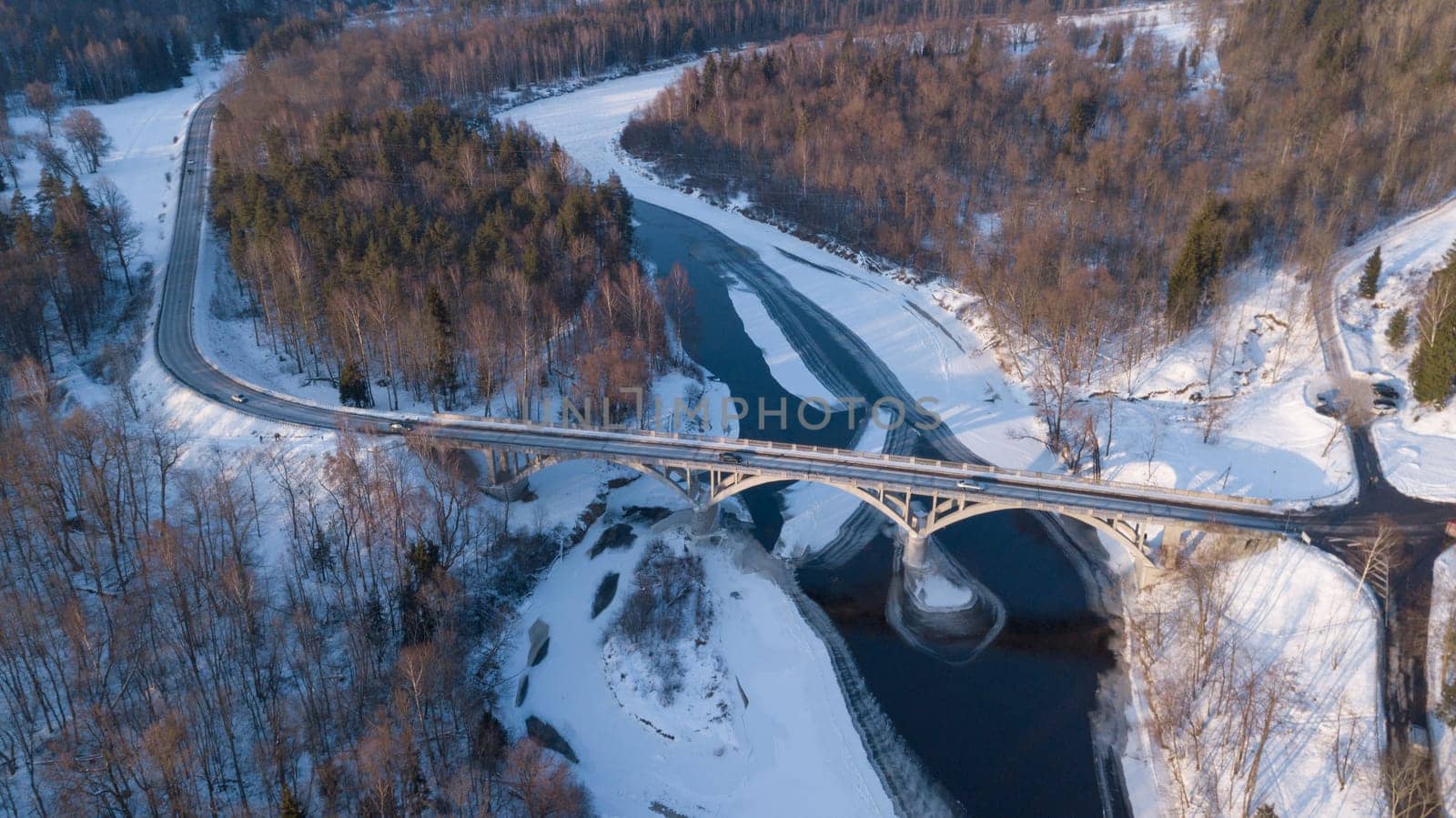 Winter brigge Gauja Latvia aerial drone top view