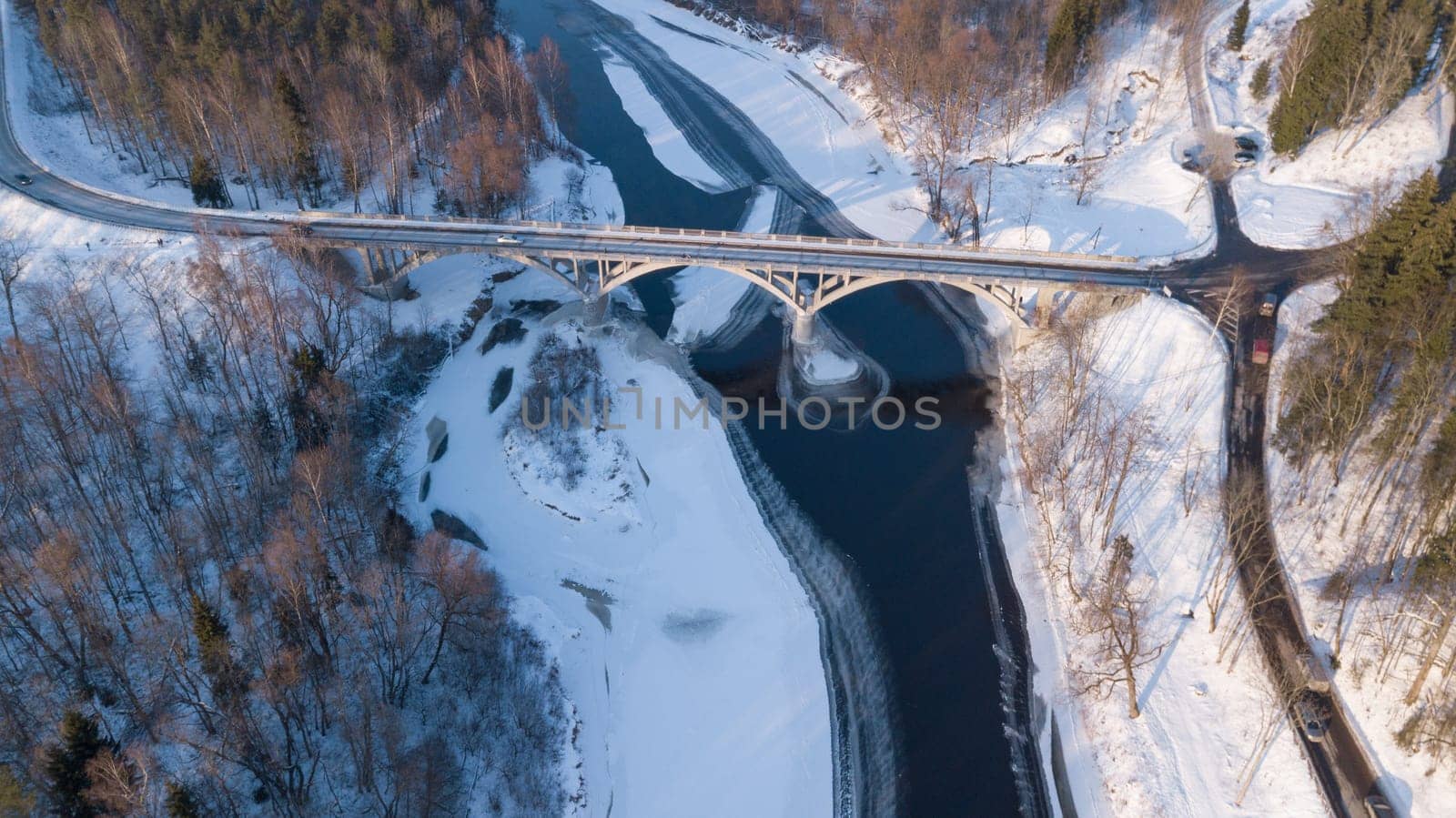 Winter brigge Gauja Latvia aerial drone top view
