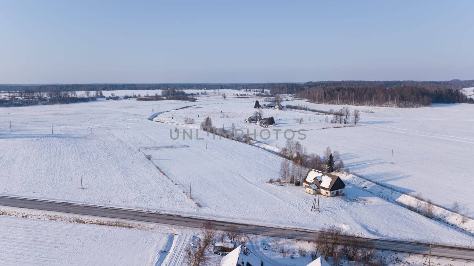 Winter field Krimulda Latvia aerial drone top view