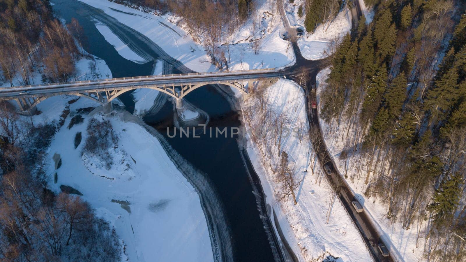 Winter brigge Gauja Latvia aerial drone top view