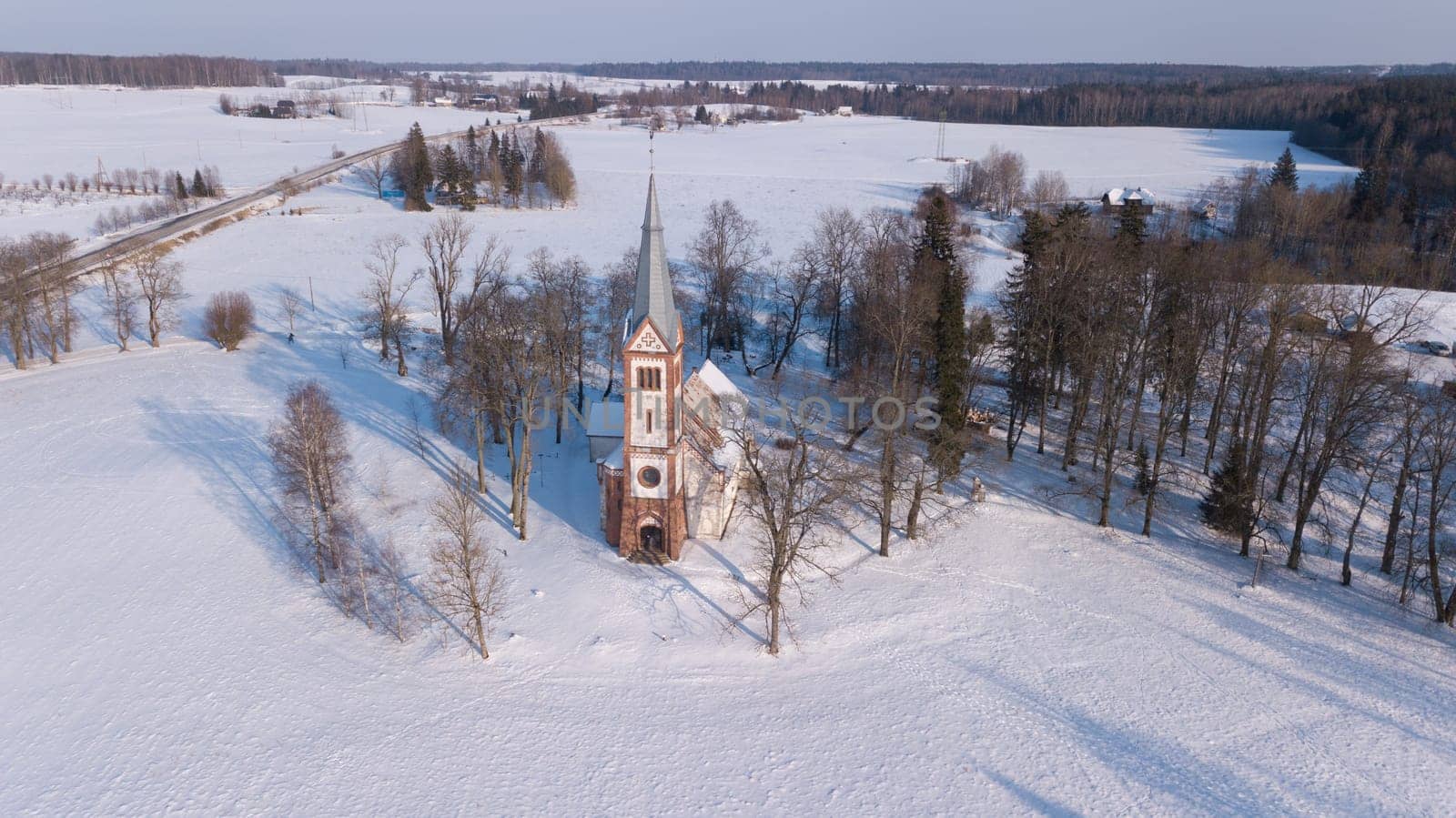 Winter field Krimulda Latvia aerial drone top view