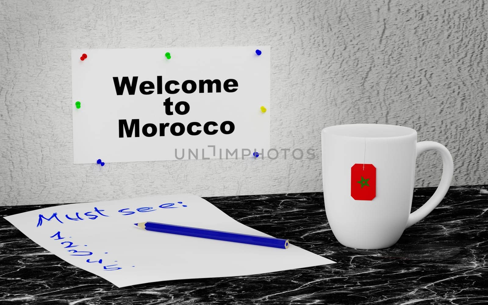 Big mug and label on the wall with text Welcome to Morocco. 3D rendering.