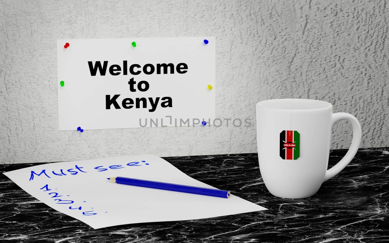 Big mug and label on the wall with text Welcome to Kenya. 3D rendering.
