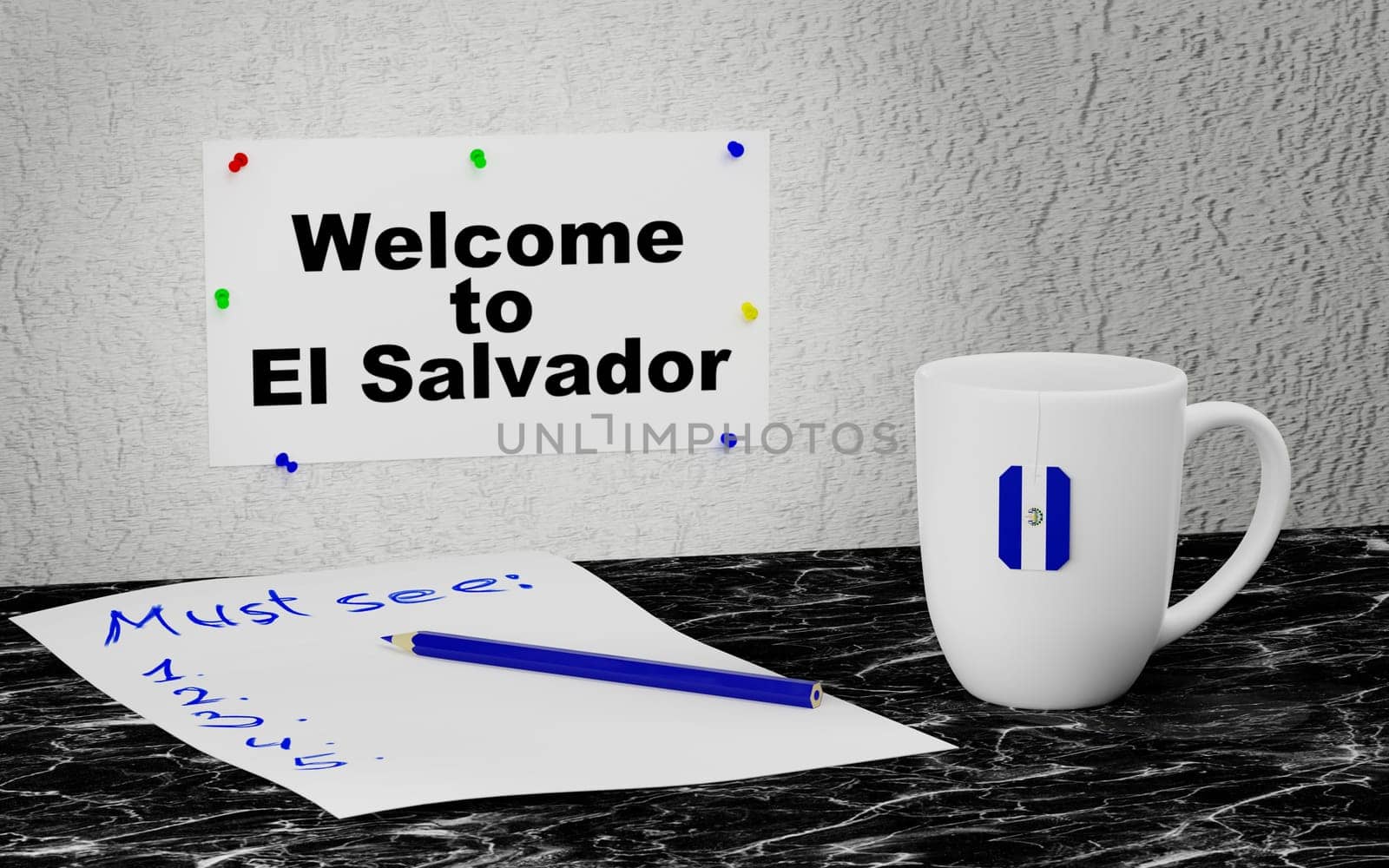 Big mug and label on the wall with text Welcome to El Salvador. 3D rendering.