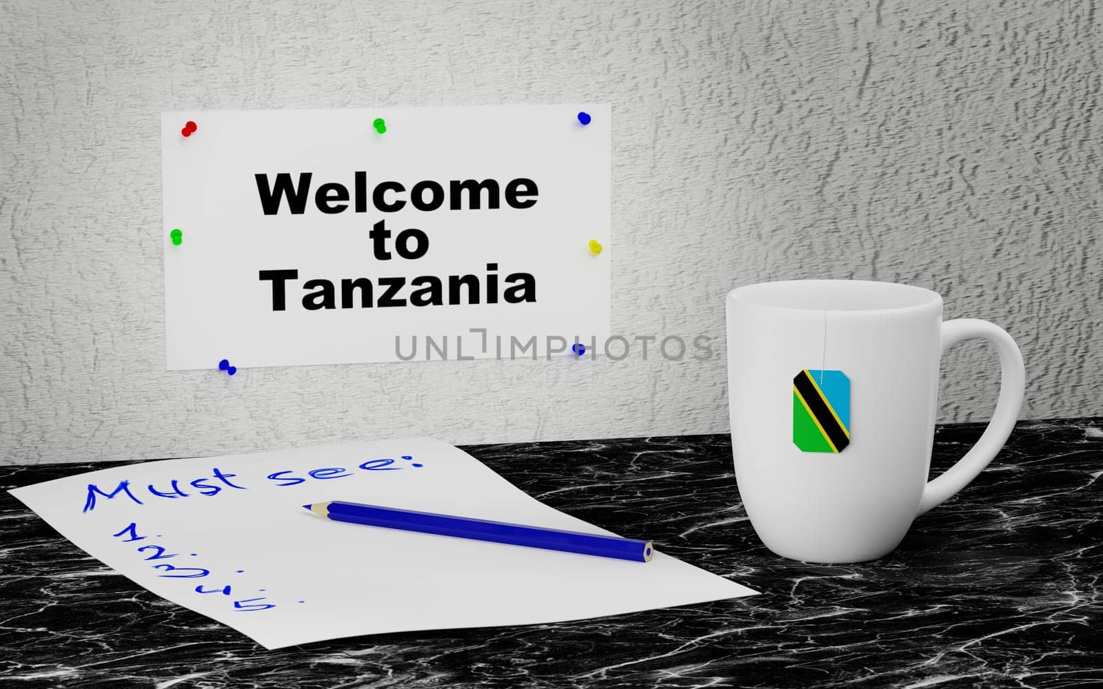 Big mug and label on the wall with text Welcome to Tanzania. 3D rendering.