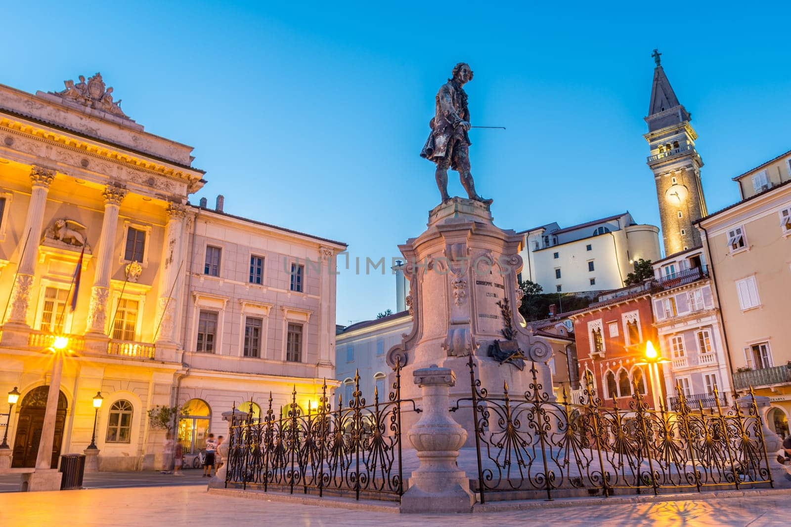 Spectacular evening view of Tartini Square in old town Piran in Slovenia. Traveling concept. Beautiful Mediterranean tourist town on Slovenian cost.