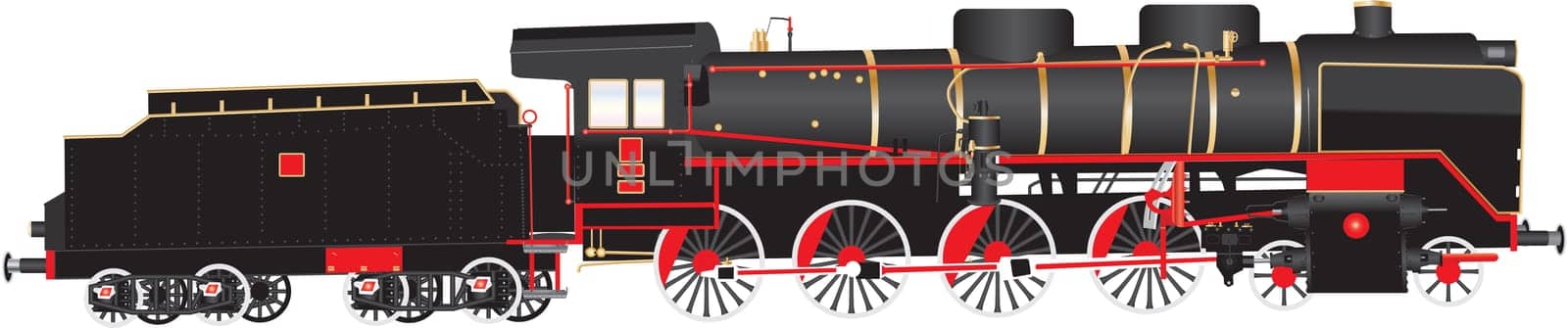 A Heavy duty Red and Black Twelve Wheeler Steam Tender Locomotive with brass  fittings isolated on white