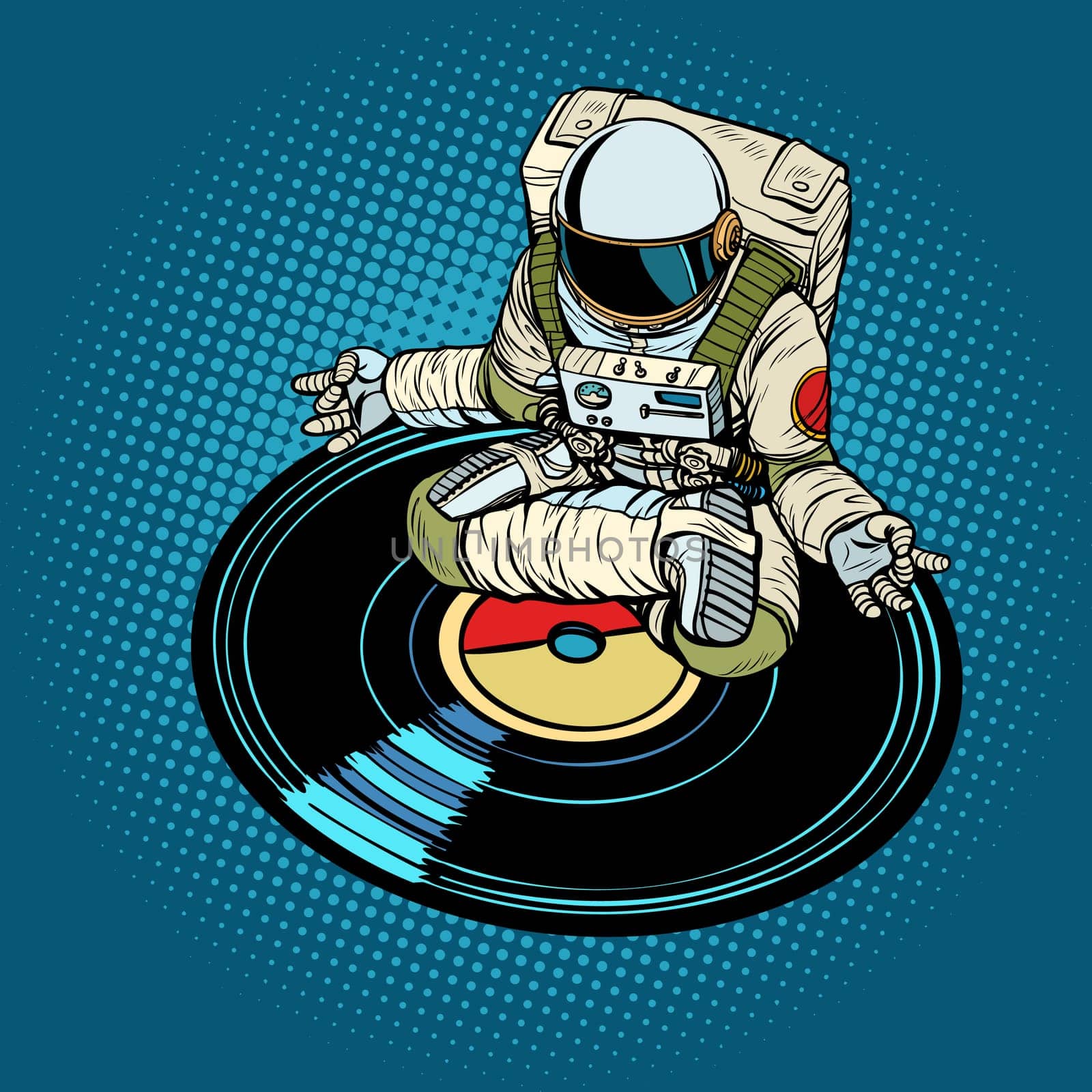 Astronaut man meditates to music, yoga. Pop art retro vector illustration kitsch vintage