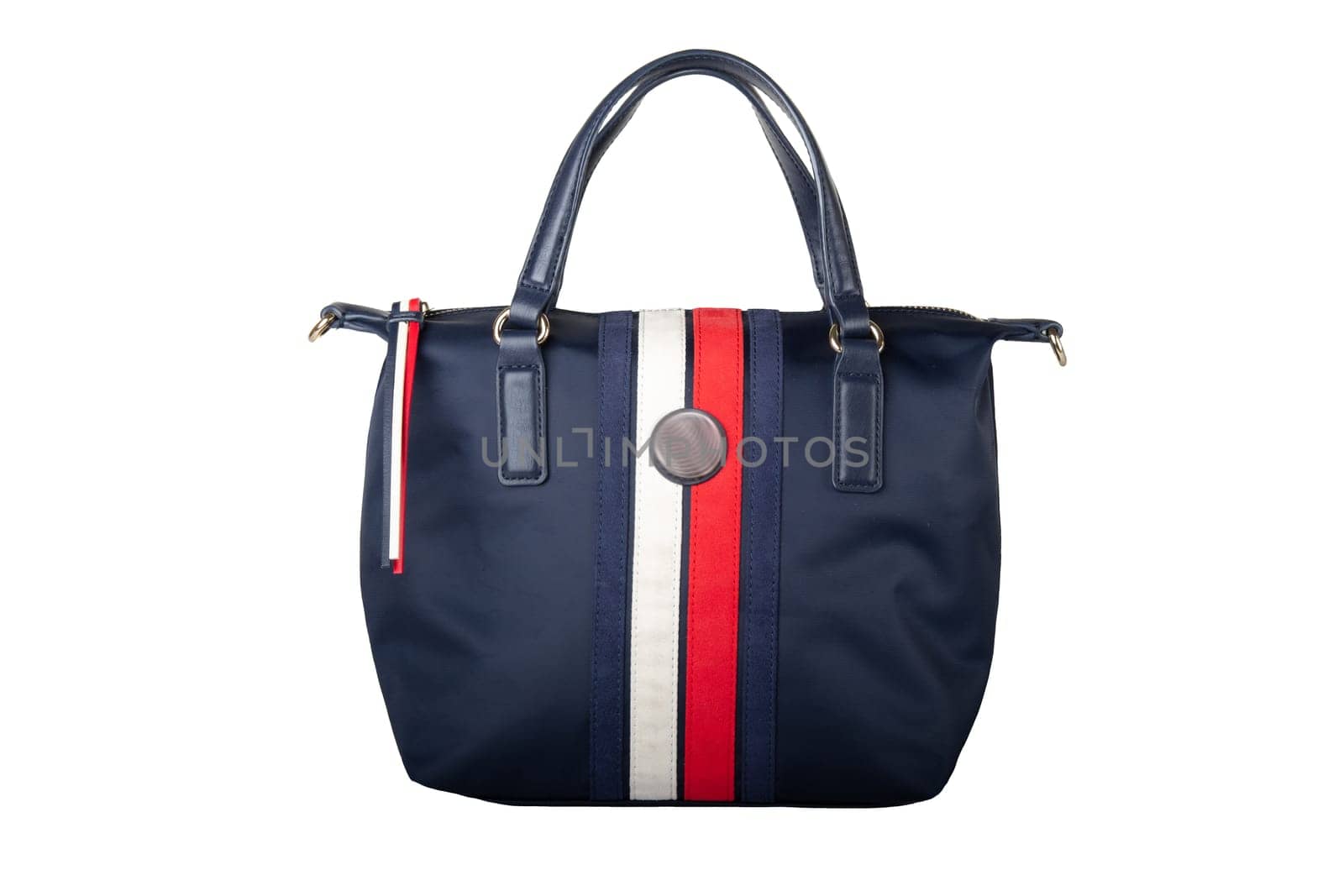 Hand bag. Closeup of blue elegant handbag isolated on white background. Fashionable womans accessories.