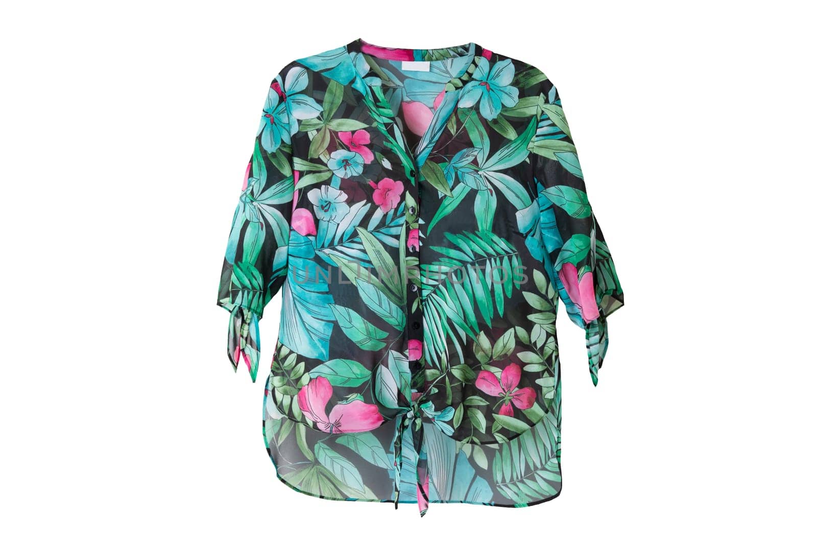Summer fashion blouse. Female green florale summer blouse isolated on white.