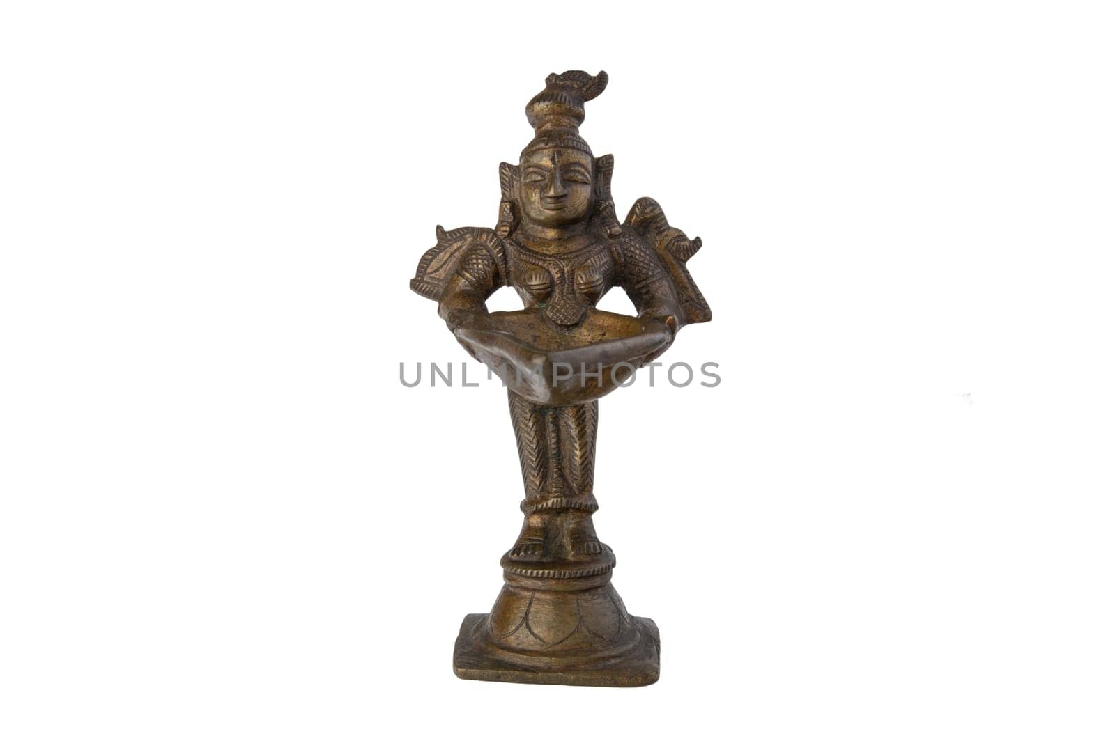 Hindu god. Standing antique Hindu god bronze figure with a bowl isolated on white background.