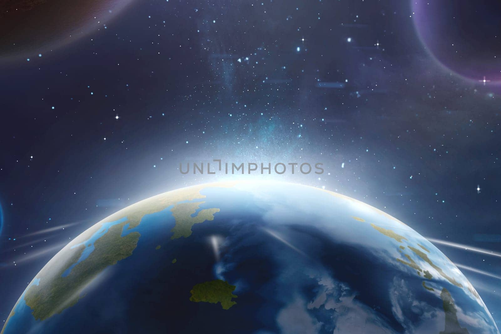 Earth planet with Moon and milky way galaxy on the space