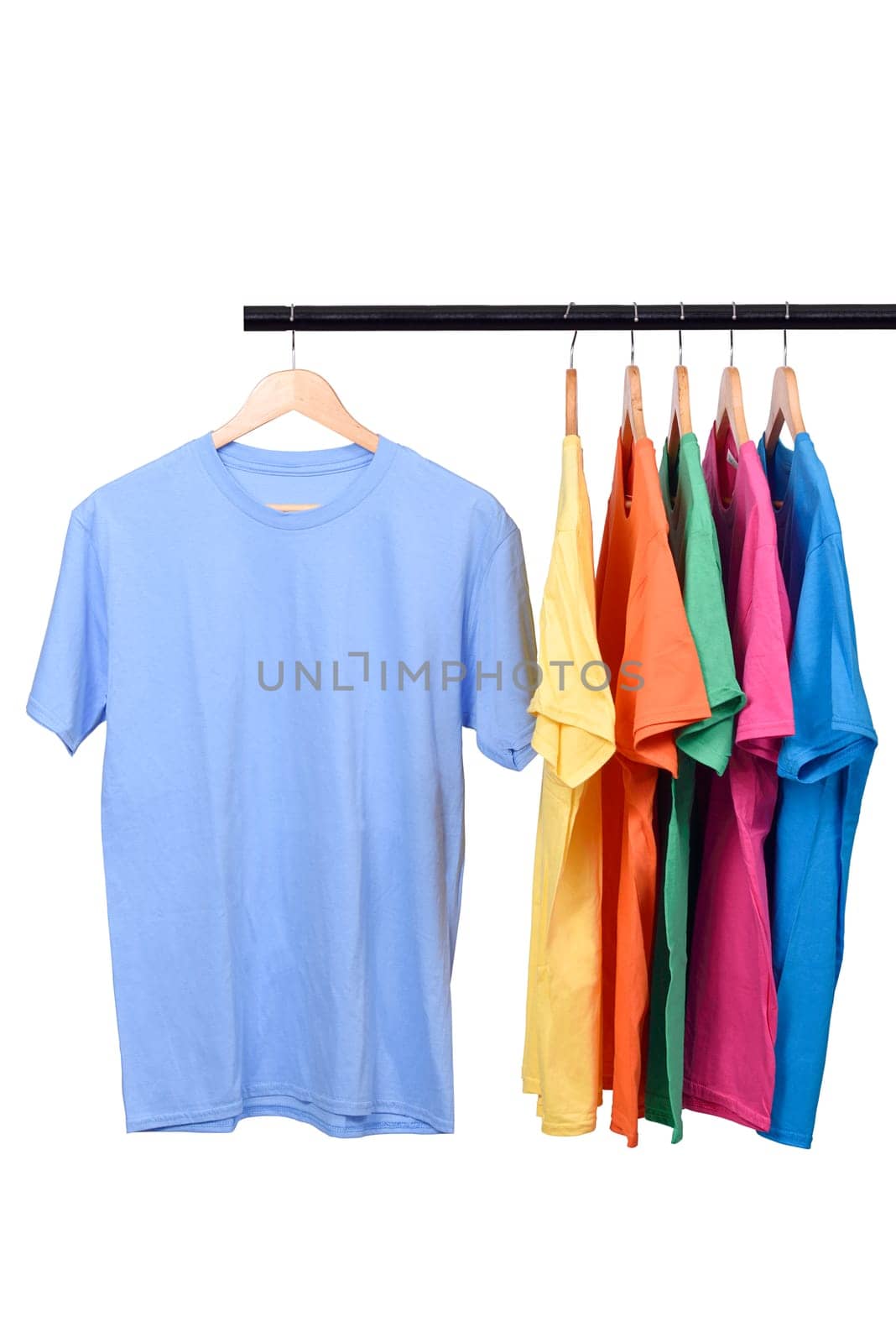 Colorful t-shirt on hangers isolated over white background