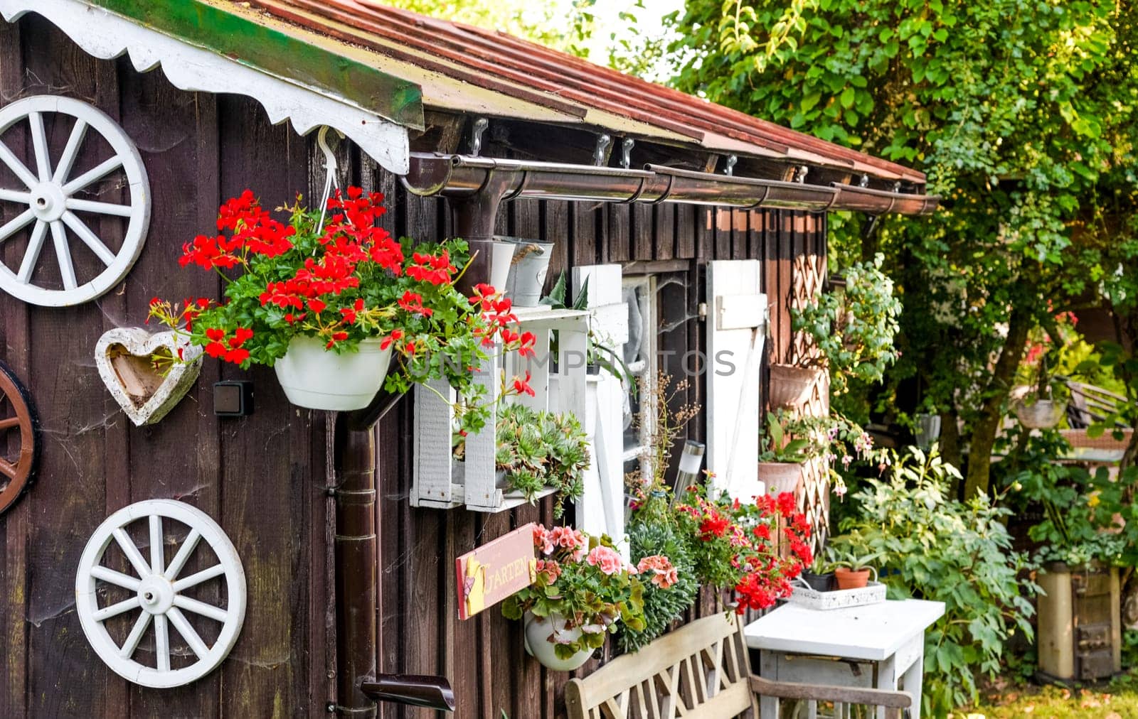 Wooden hut garden hut with flowers in summer Bavaria