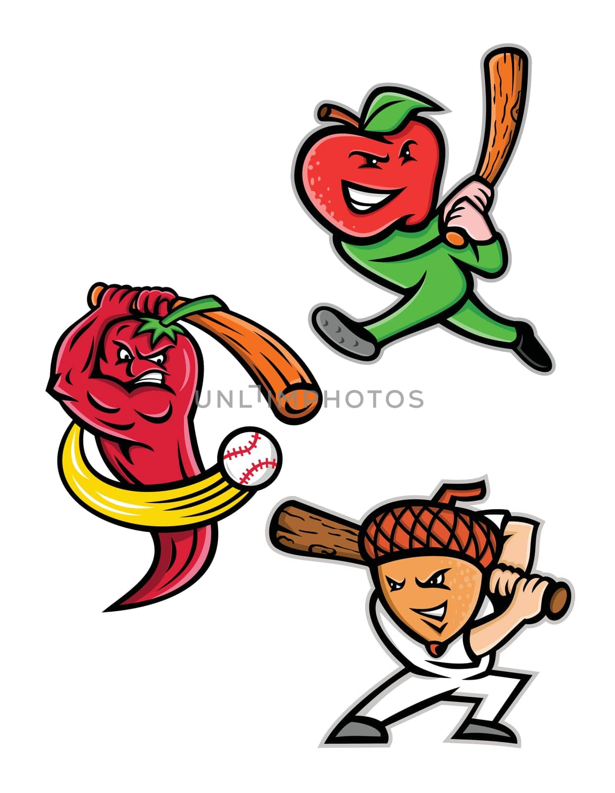 Mascot icon illustration set of fruits playing as baseball player batting with bat like the apple, red chili pepper or chilli and the acorn or oak nut viewed from side on isolated background in retro style.