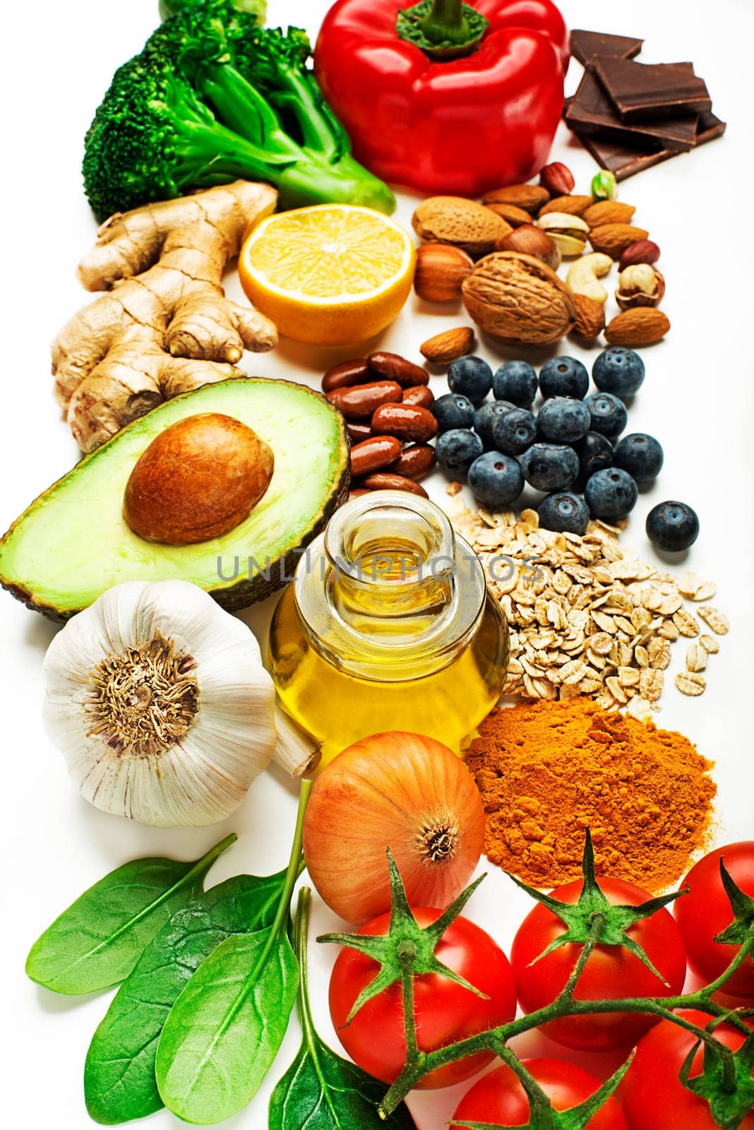 Healthy food selection with fruits nuts and vegetables. Healthy diet foods for heart cholesterol and diabetes.