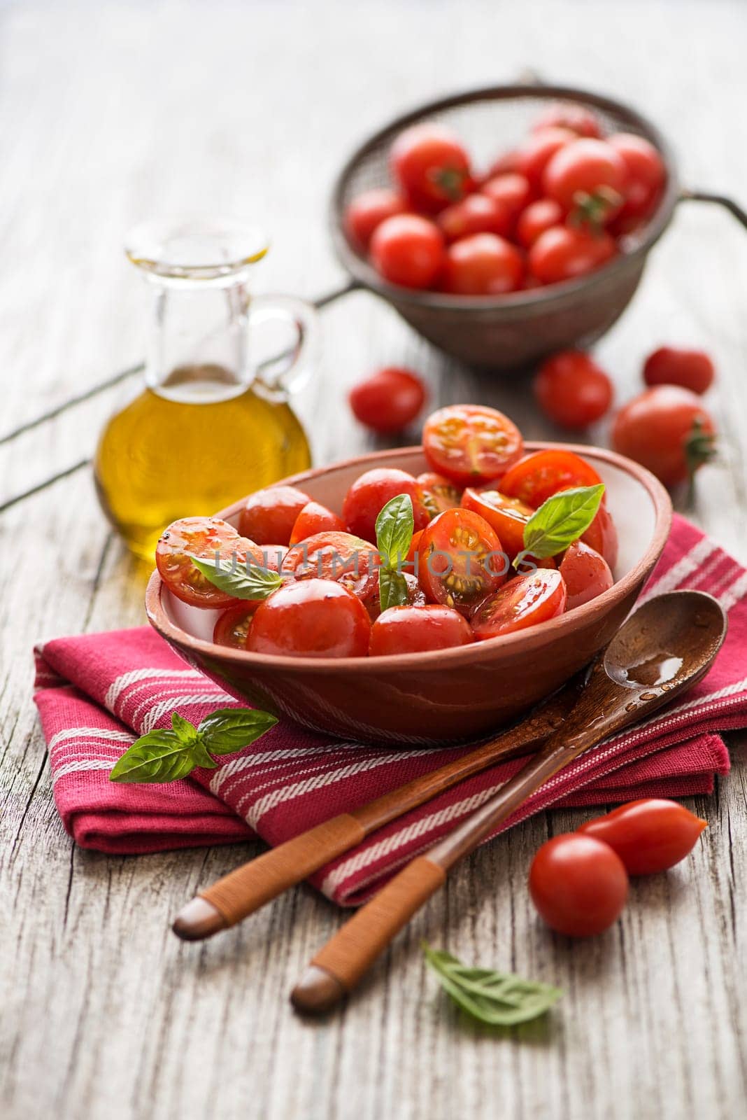 Salad with cherry tomatoes. Home made food. Concept for a tasty and healthy meal.