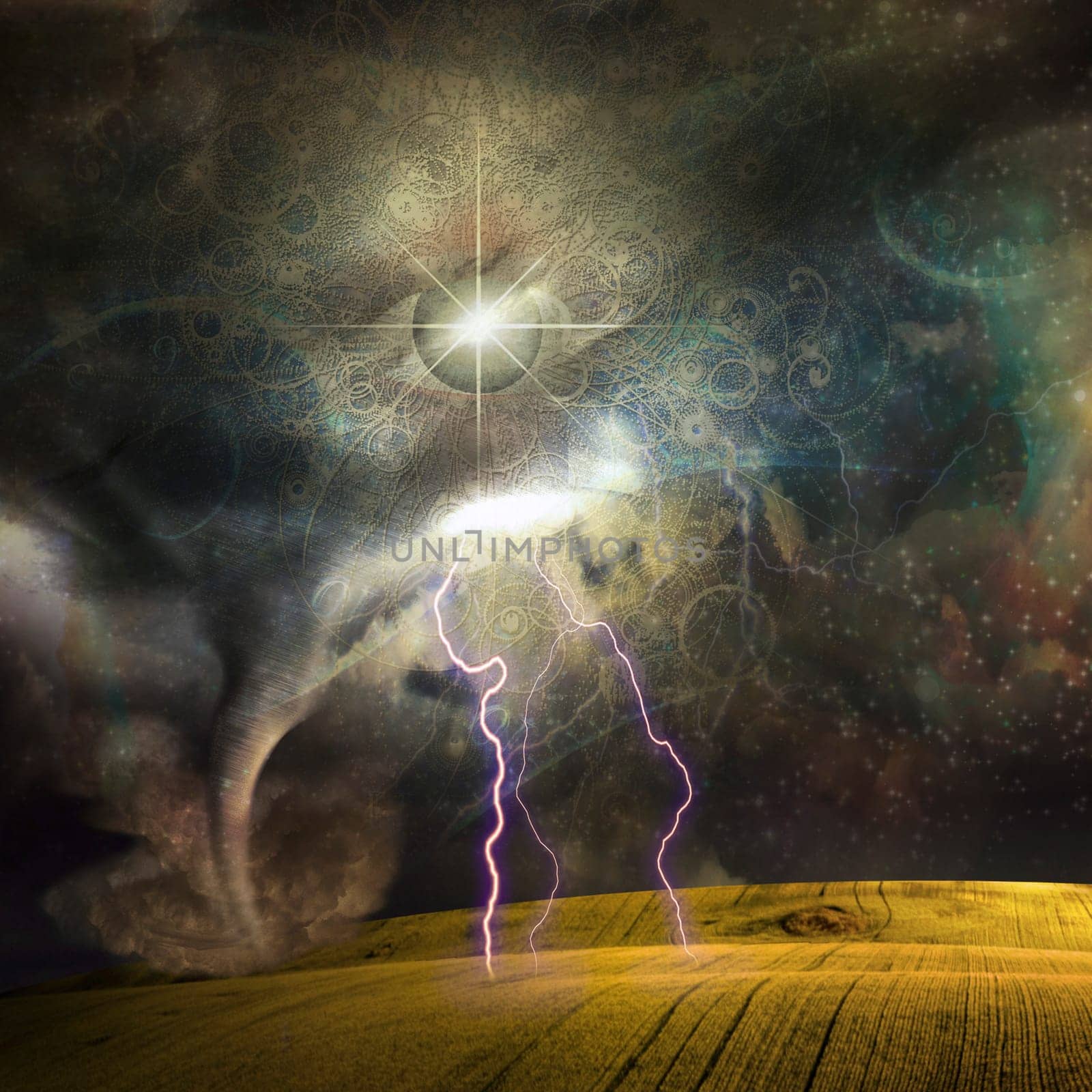 Raging tornado storm in open landscape lightning strikes and mystical eye above