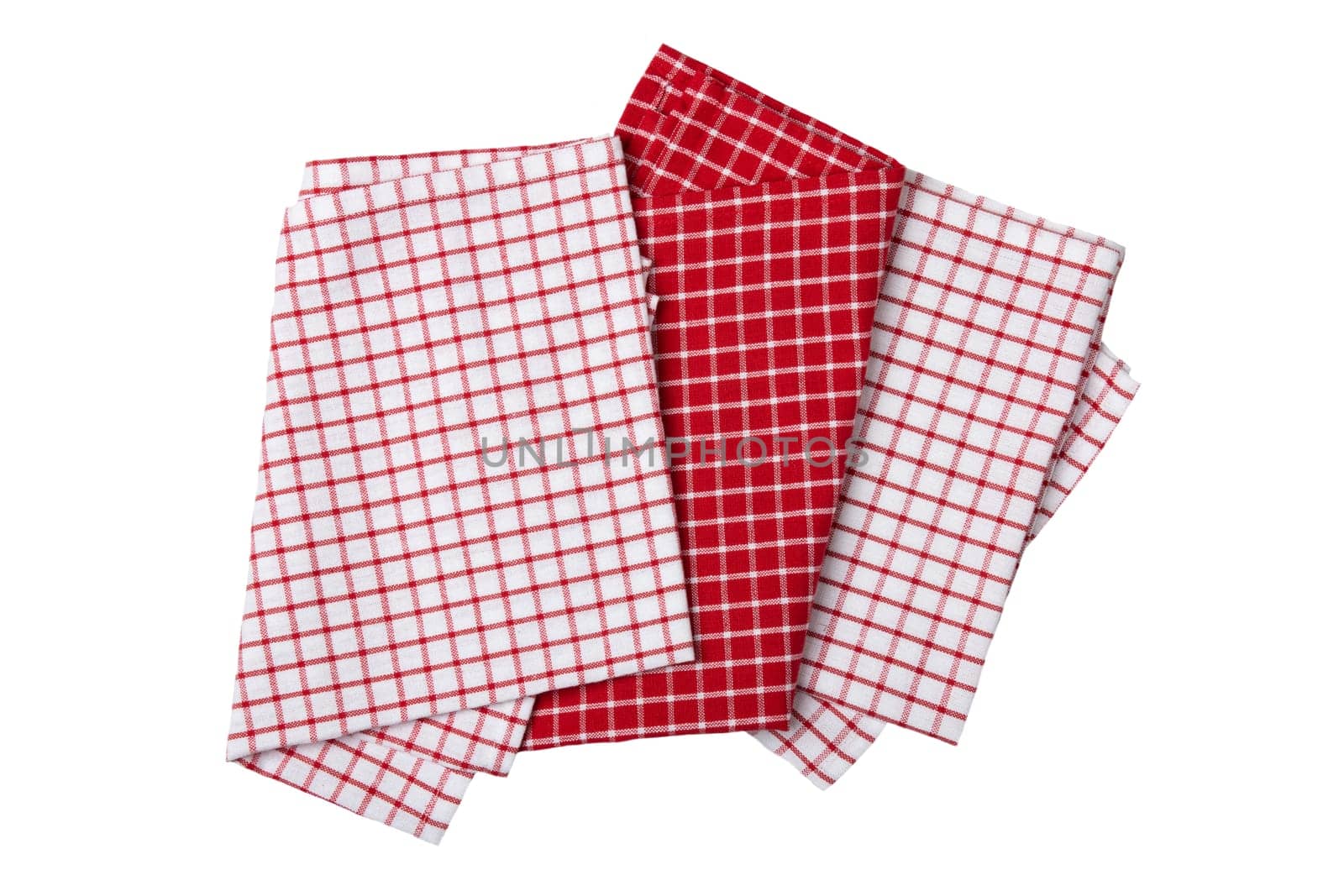 Set of three red and white checkered napkins. Kitchen accessories.