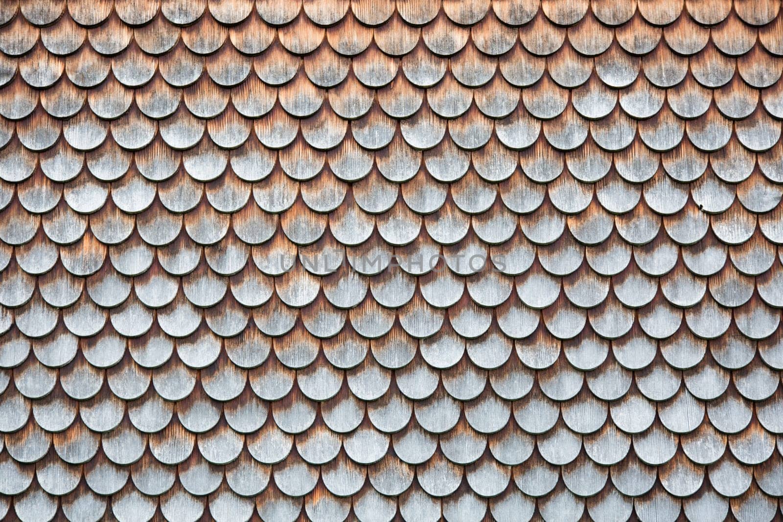 Traditional wooden shingles wall of an Austrian house.