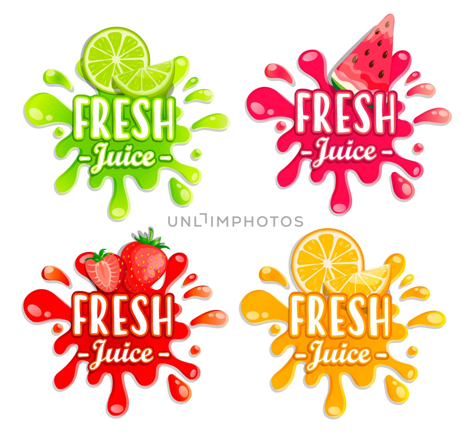 Set of different fruit splashes. Sweet drops and blots. Perfect elements for print, template, design. Vector illustration.