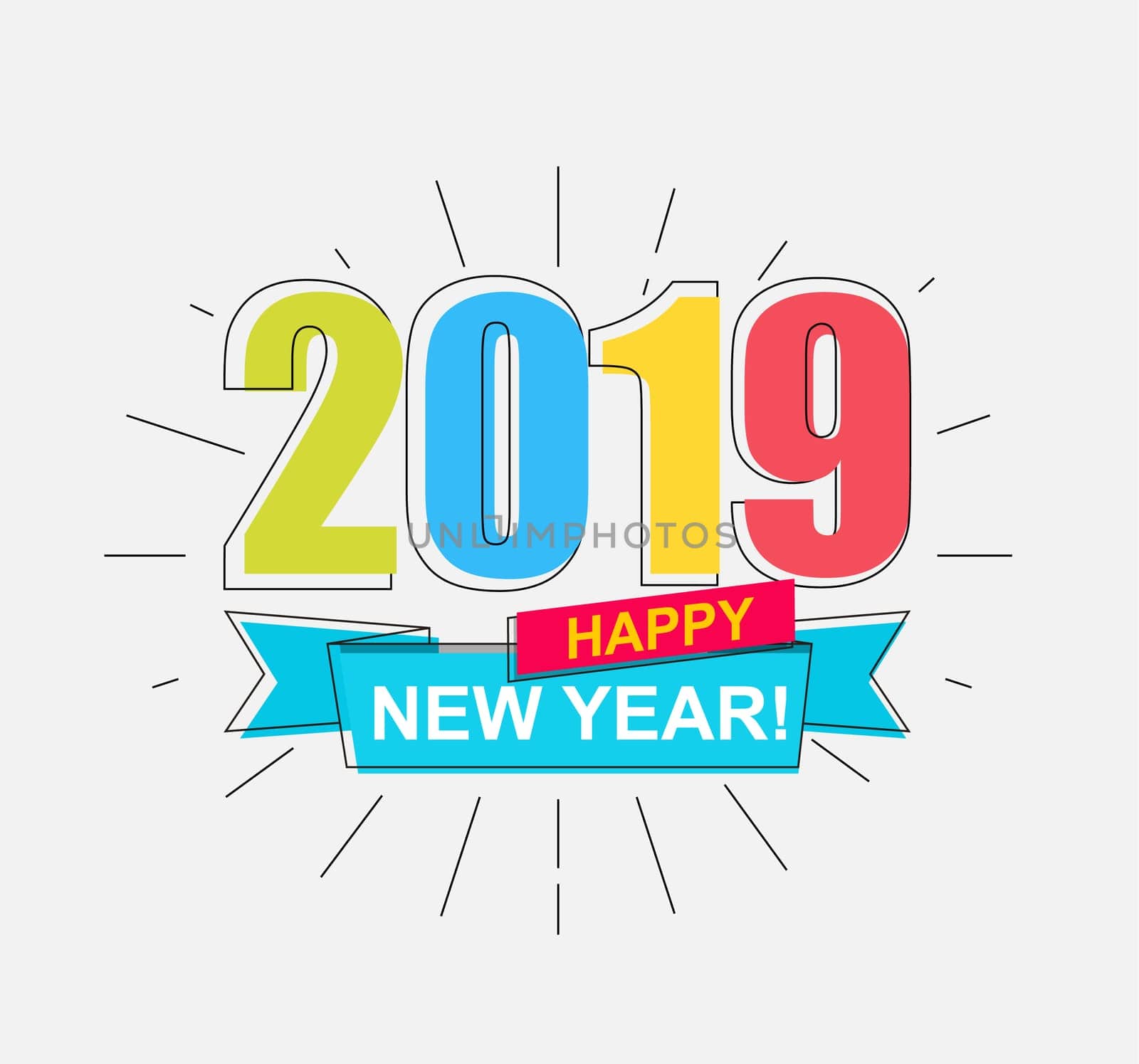 2019 Happy New Year. Colorful outline banner for new year holidays. Perfect for presentations, flyers and banners, leaflets, postcards and posters. Vector illustration EPS10.