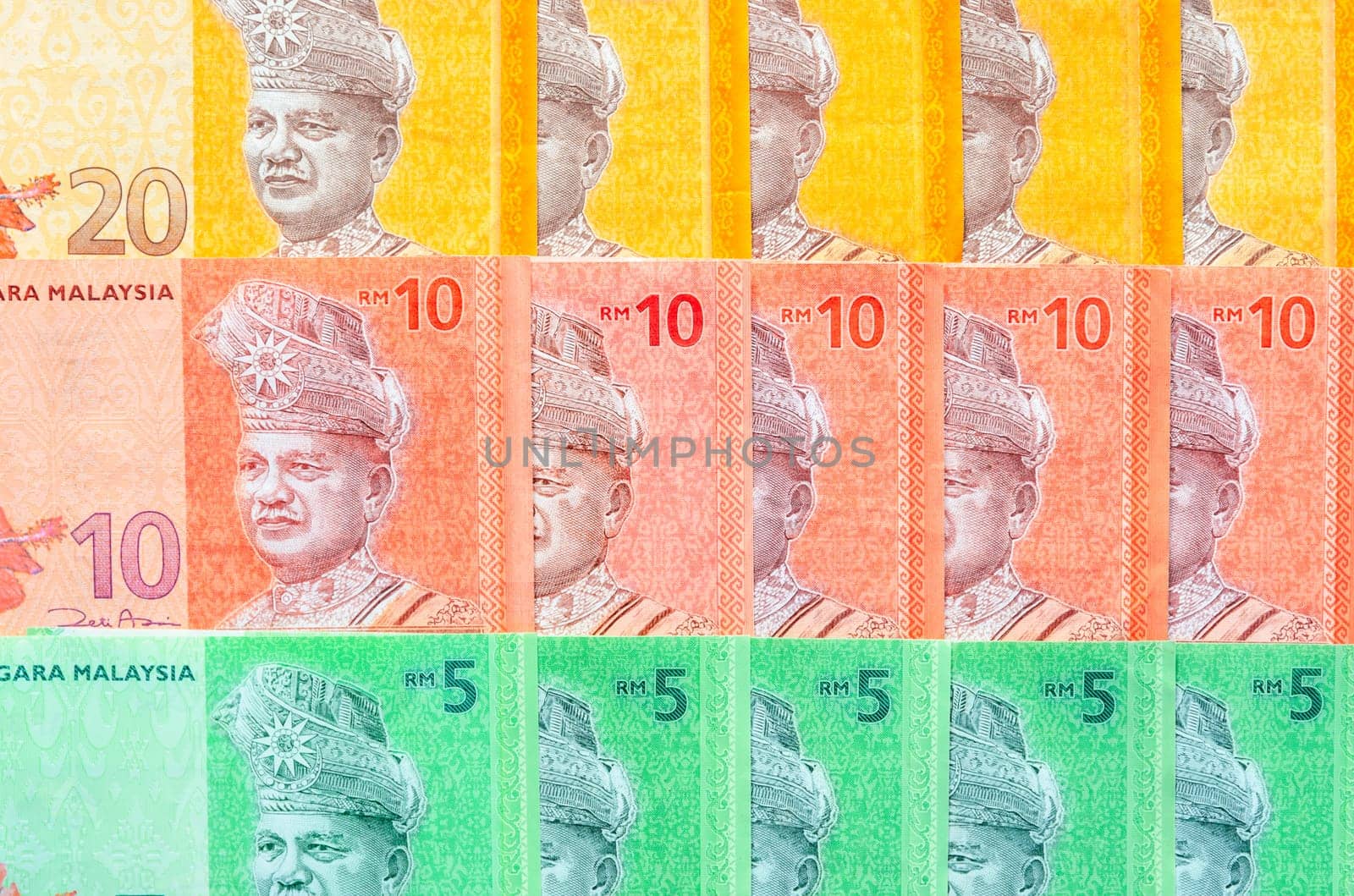 Malaysia currency of Malaysian ringgit banknotes background. Paper money of five, ten and twenty ringgit notes. Financial concept.