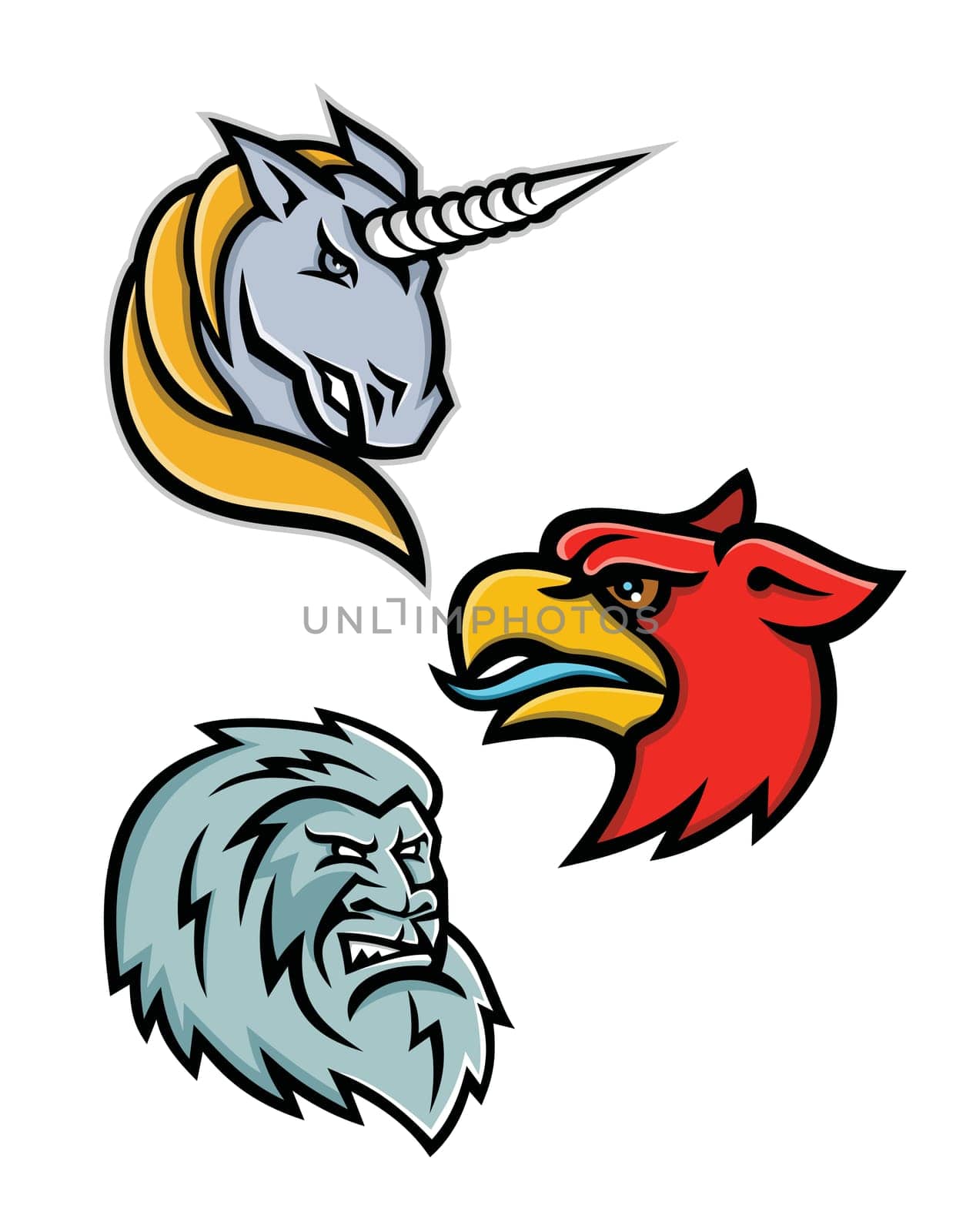 Mascot icon illustration set of heads of legendary or mythical creatures like the unicorn,griffin, griffon, or gryphon, the yeti or abominable snowman viewed from side  on isolated background in retro style.