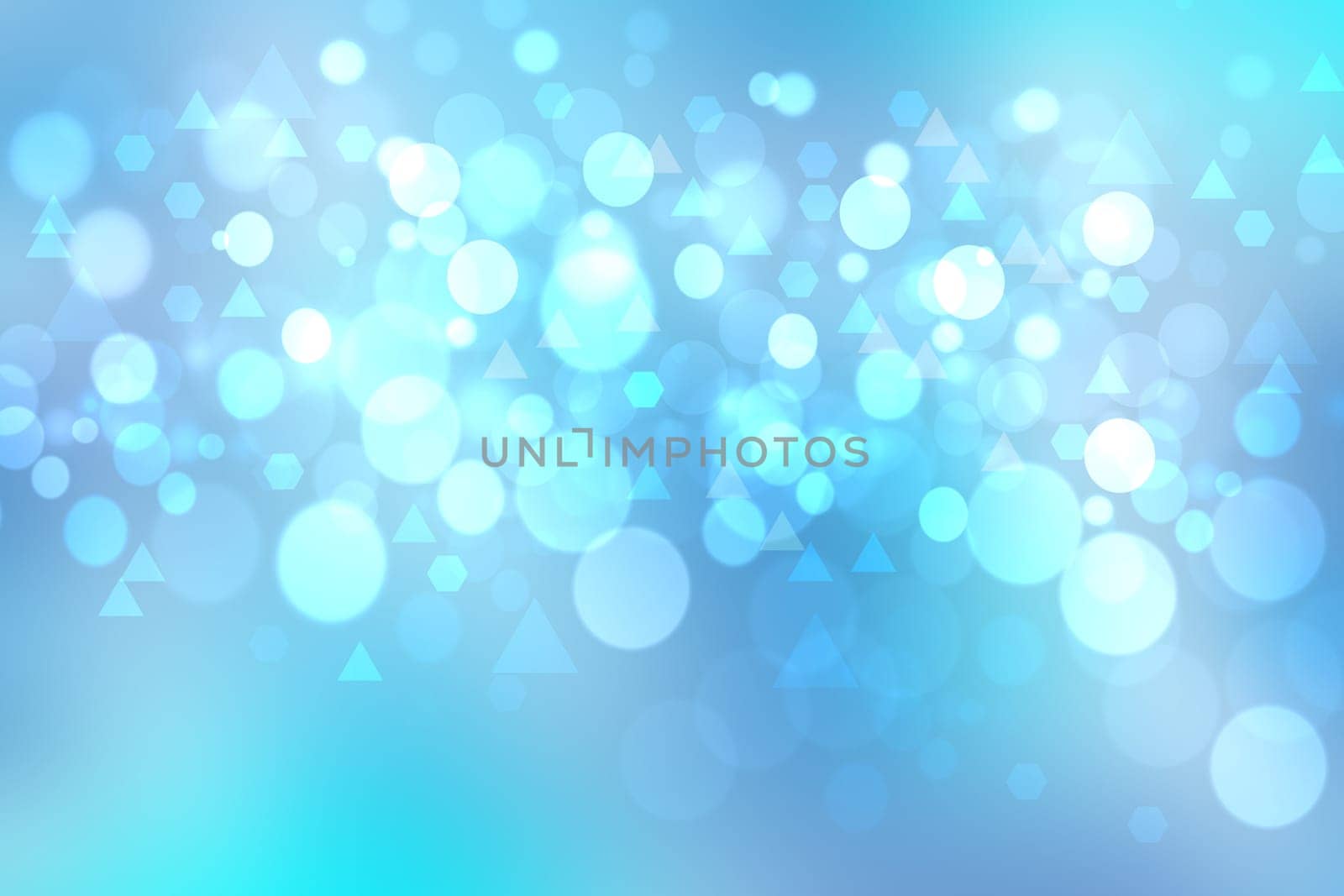Abstract bright blue background with circles and triangles bokeh defocused lights. Space for your text.