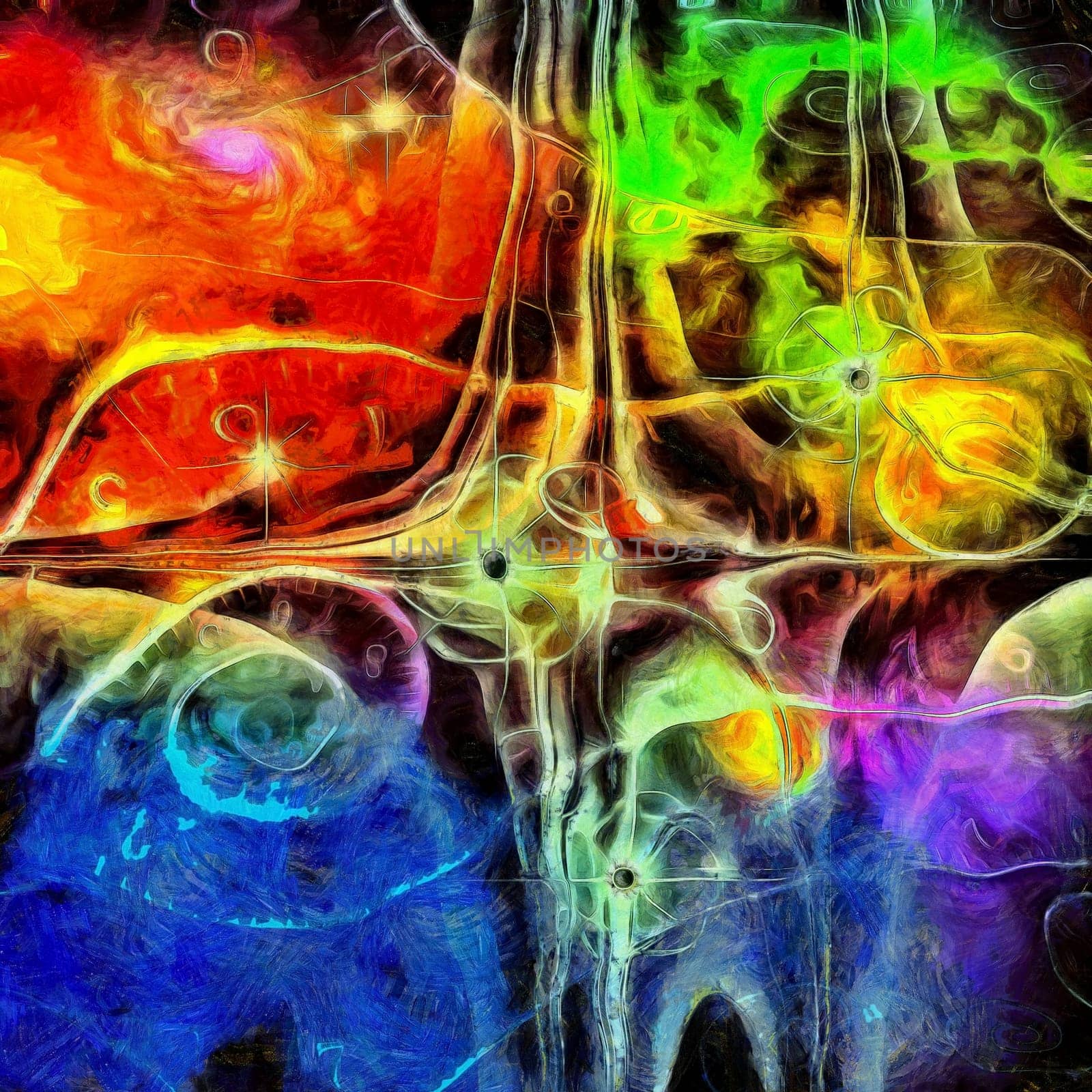Time and space. Surreal painting. Black holes and spirals of time in vivid colorful universe.