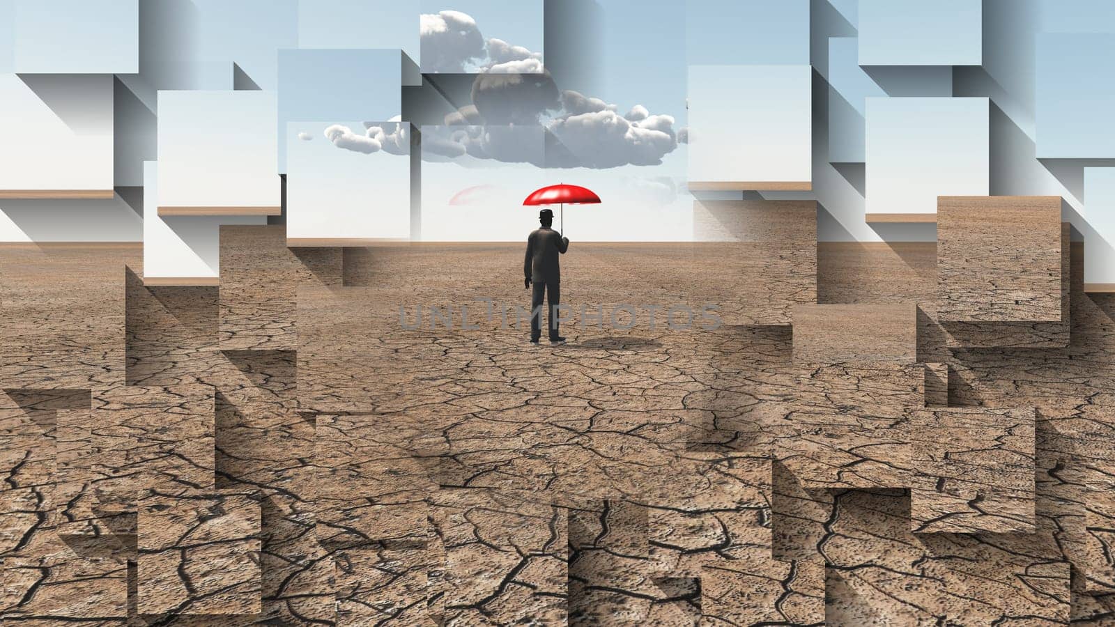 Man in desert with red umbrella and single cloud