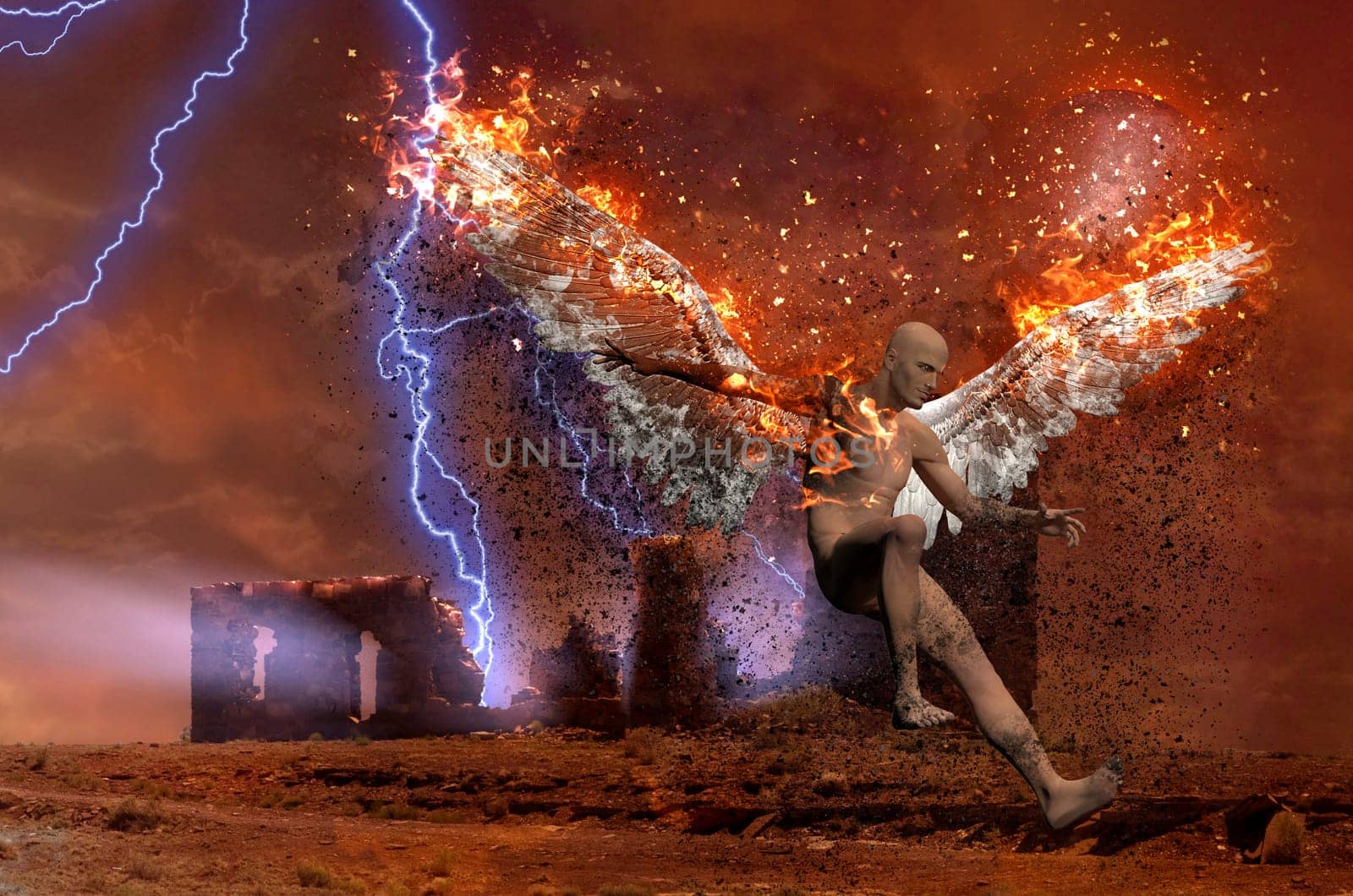 Surreal digital art. Lightning strikes spooky ruins. Naked man with burning wings symbolizes fallen angel.