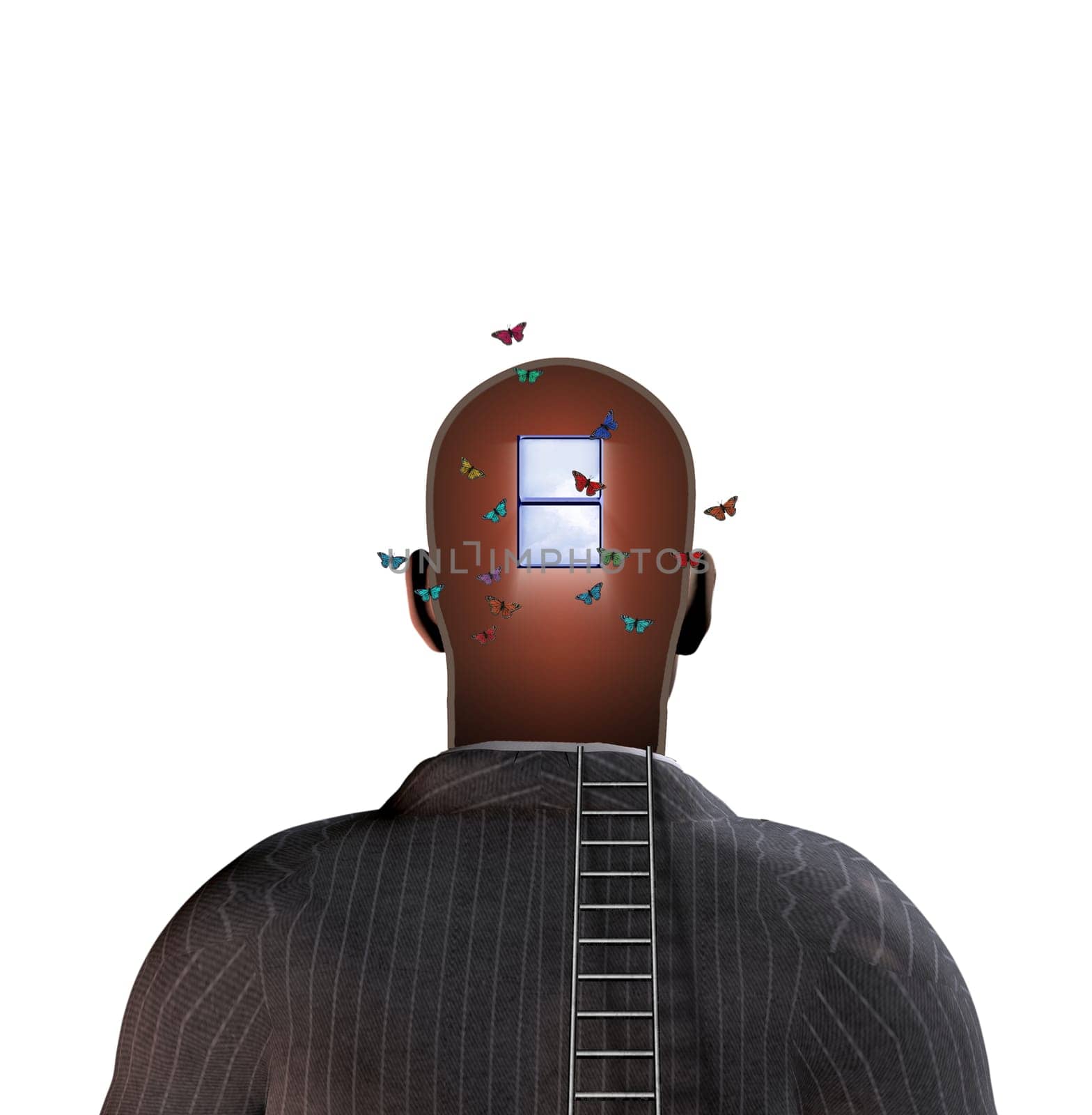 Man with window in head, ladder and butterflies