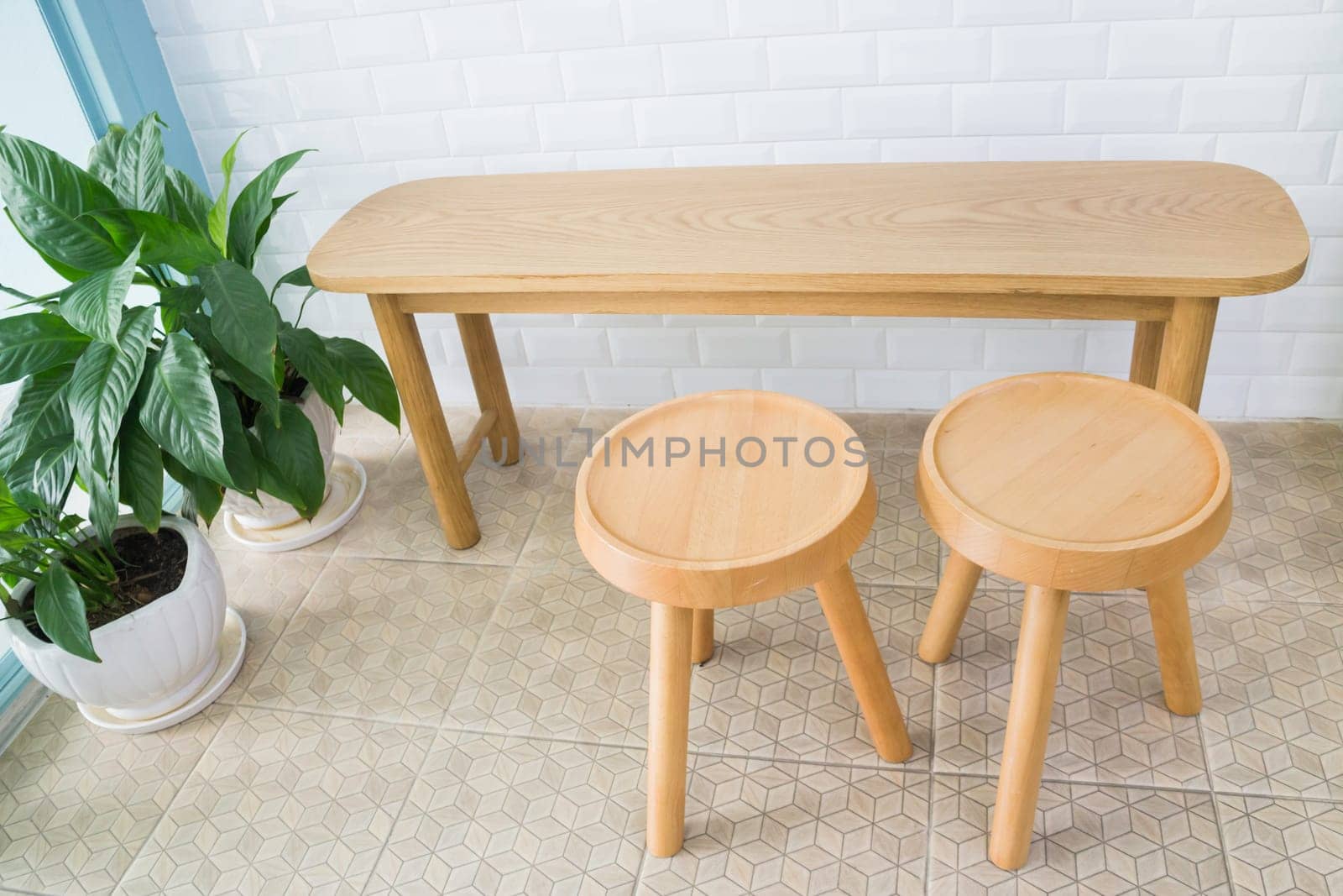 Wooden seat furniture in minimal style room, stock photo
