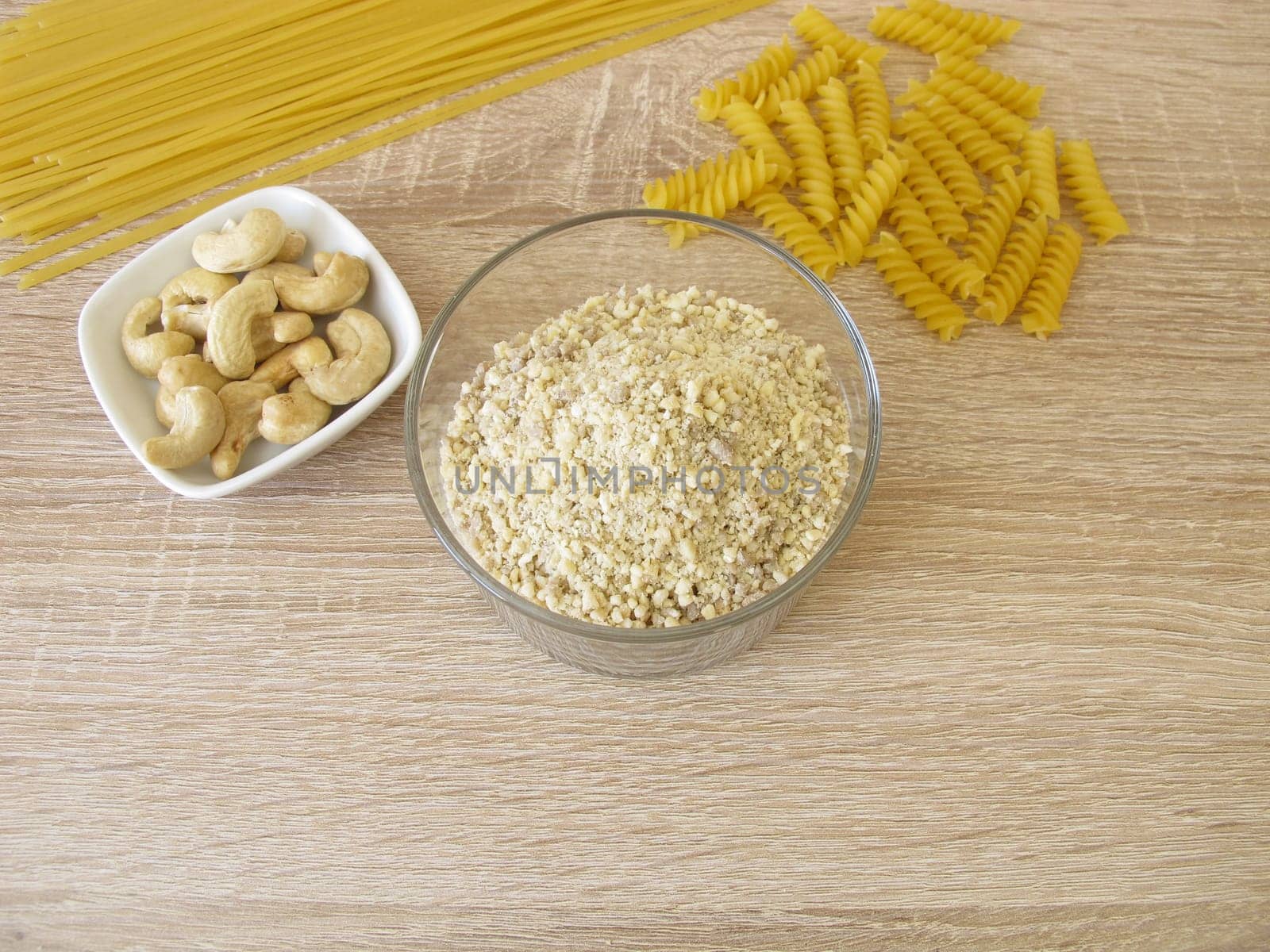 Homemade vegan cashew pizza cheese and noodles