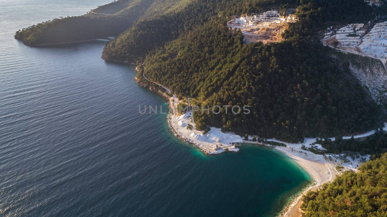 Aerial view of Porto Vathy beach. Thassos island, Greece
