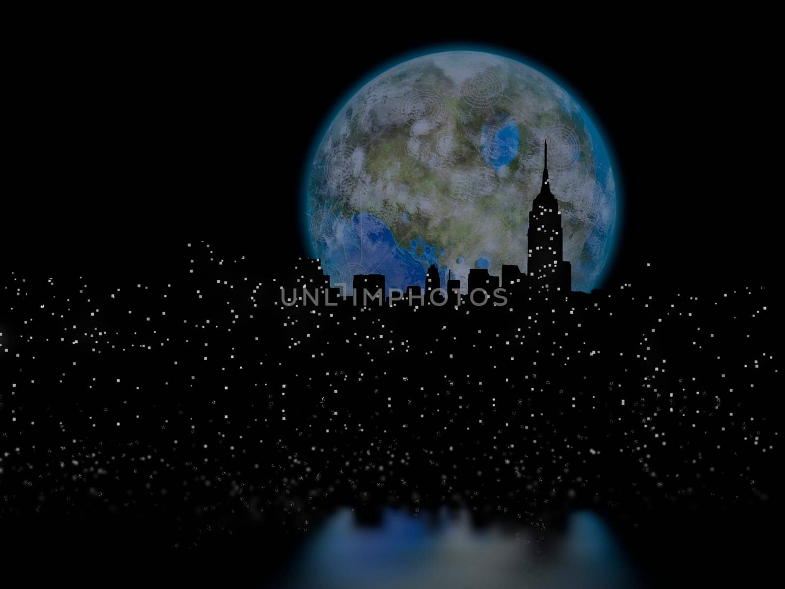 3D rendering. Terraformed moon over night city.